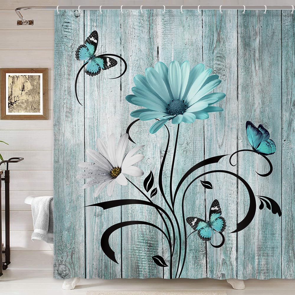 Rustic Farmhouse Floral Shower Curtain, Farm Boho Teal Daisy Flowers And Butterfly On Country Wooden Shower Curtain For Bathroom