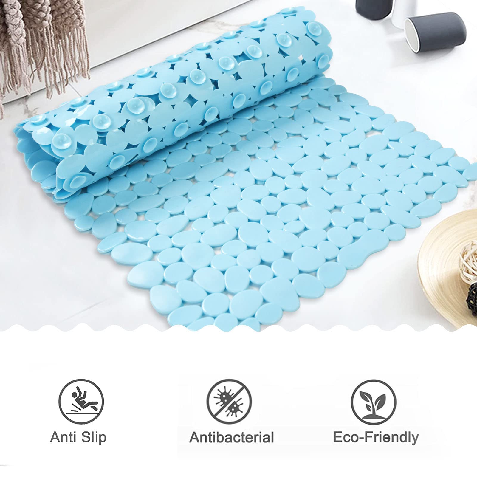 Songziming Bathtub Mat Non Slip Pebble Bath Shower Mat With Drain Holes, Suction Cups Mat For Tub 16'' W X 35'' L, Blue