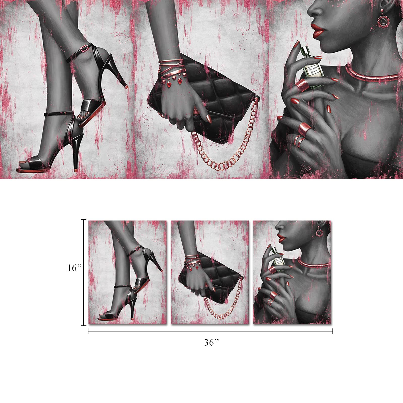 Visual Art Decor Fashion Elegant African American Black Woman Canvas Wall Art Gold Rose Pink High Heel Shoes Necklace Perfume Ha