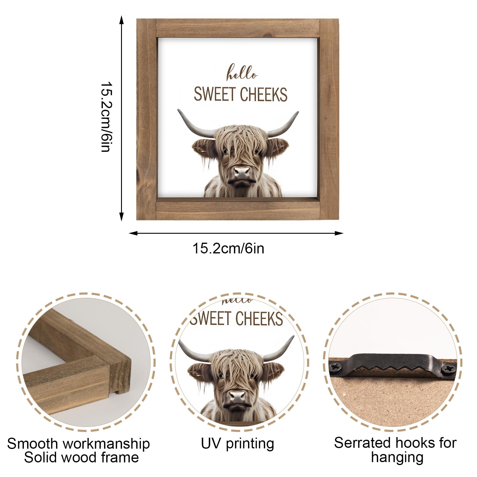 flangairy Hello Sweet Cheeks Sign, 6 Inch Wooden Funny Highland Cow Bathroom Decor, Western Decorative Signage Indoor Table Toil