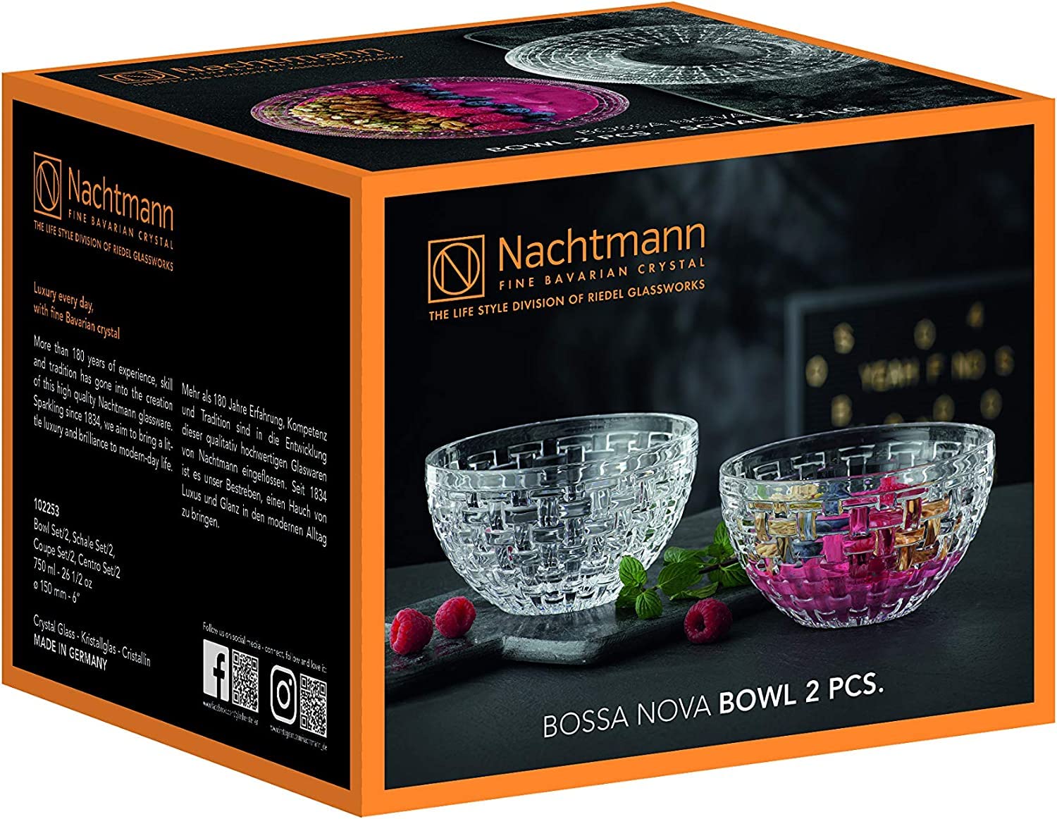 Nachtmann Bossa Nova Collection Bowl | Set Of 2 Clear Crystal Glass Bowls | Basket Weave Glass Design | 6 Inch Mixing And Servin