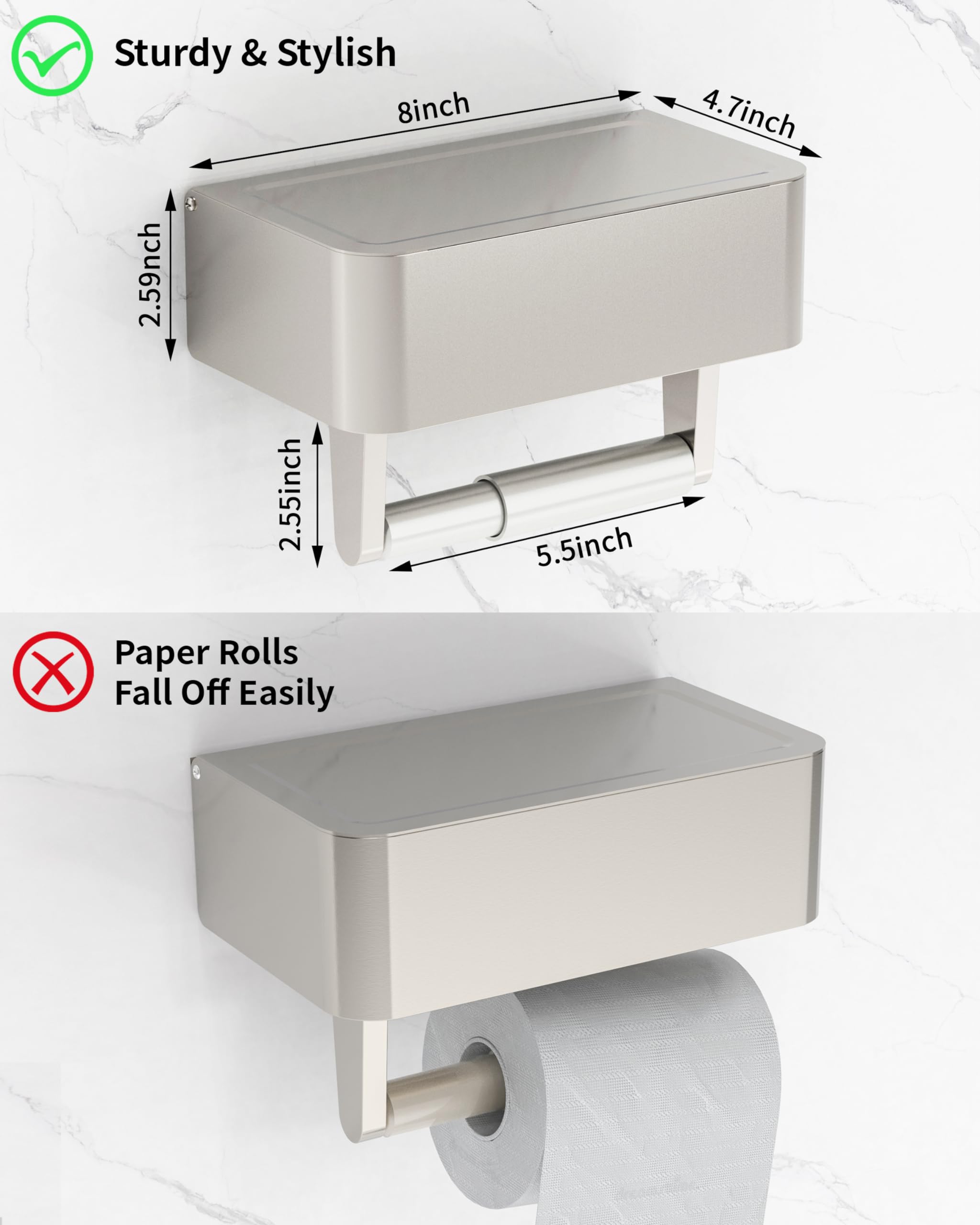 Wzkaly Toilet Paper Holder, Stainless Steel Wall Mount Bathroom Organizer With Shelf, Flushable Wipes Dispenser Storage Fits Any