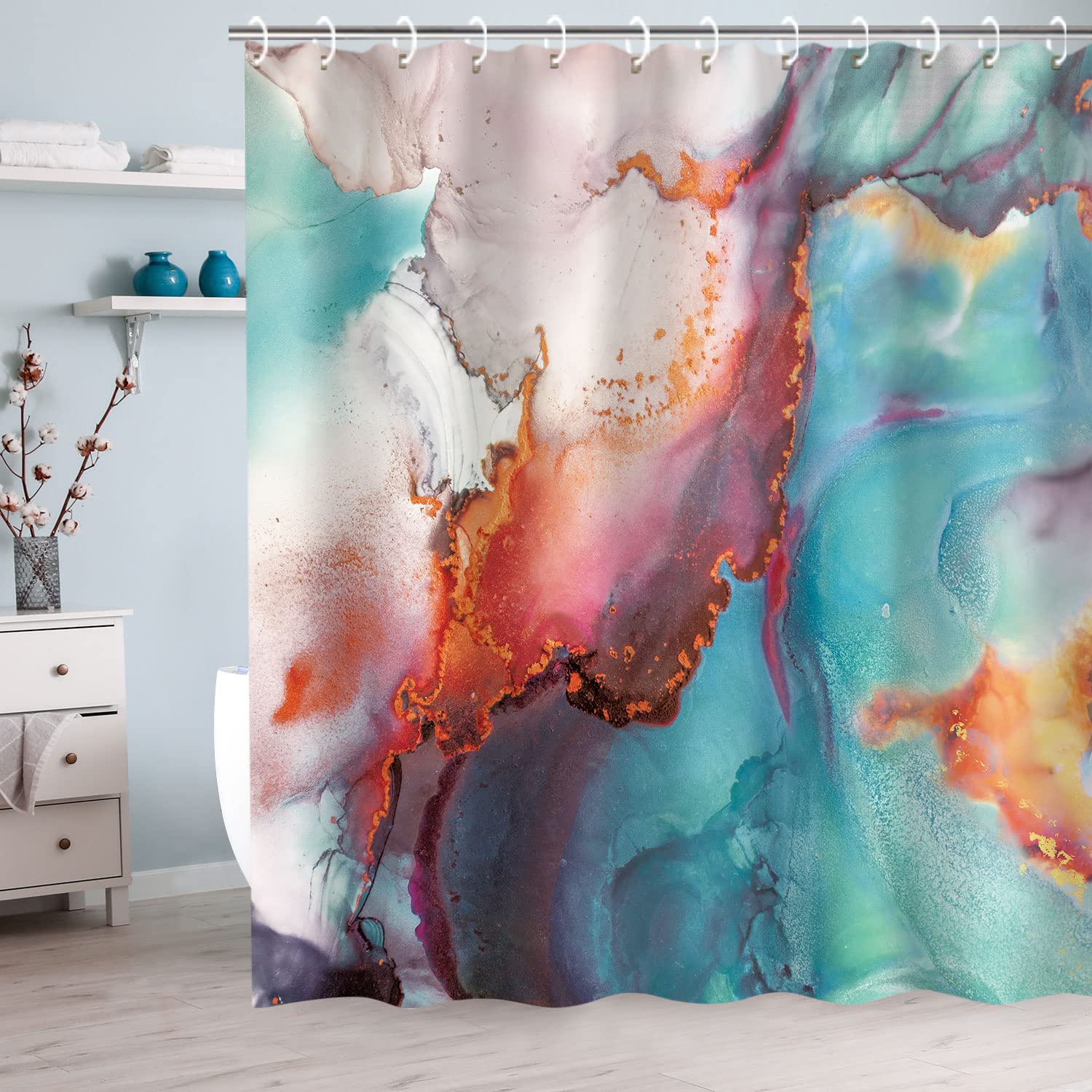 RosieLily?eal?arble?hower Curtain ?range?bstract?athroom?urtain ?ed?lue Watercolor Shower Curtains Set with 12 Hooks ?mbre Marble?athroom Decor  72''x72''