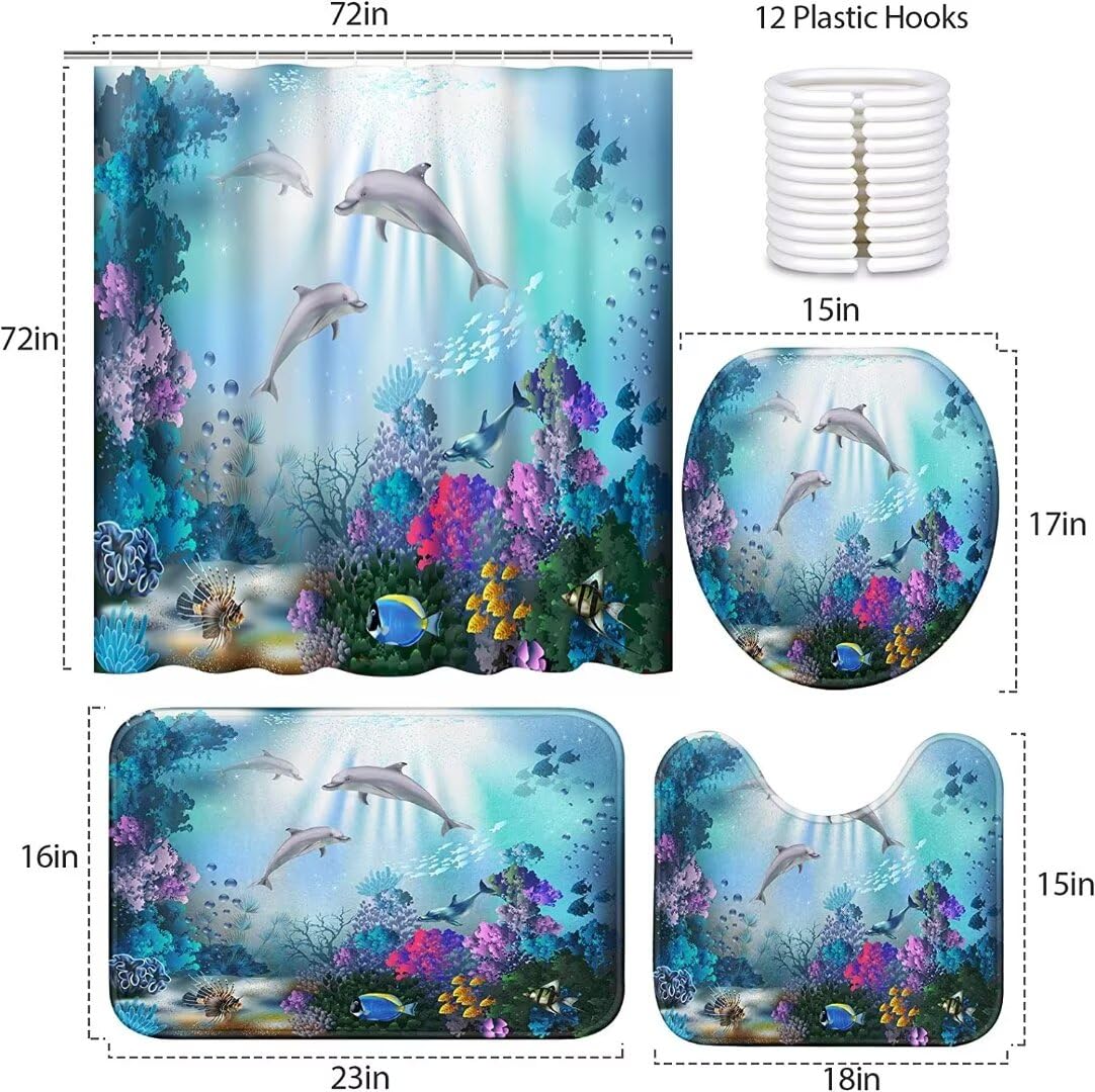 Yizheer 4Pcs Sea Dolphin Shower Curtain Sets With Rugs,Toilet Lid Cover And Bath Mat, Haunted House Shower Curtains Bathroom Dec