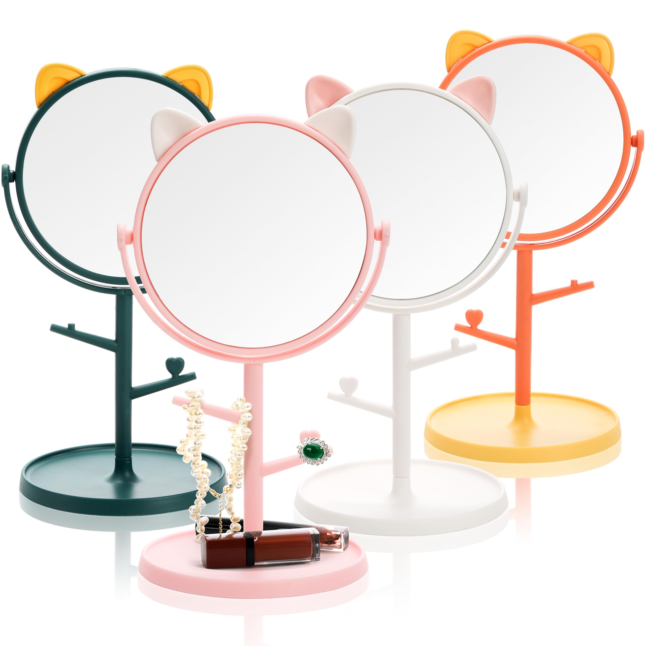 Pumtus 4 Pack Cute Desk Mirror, Rotatable Makeup Mirror In Cat Ears, 6 Inch Vanity Mirror With Storage Tray, High Definition Cos