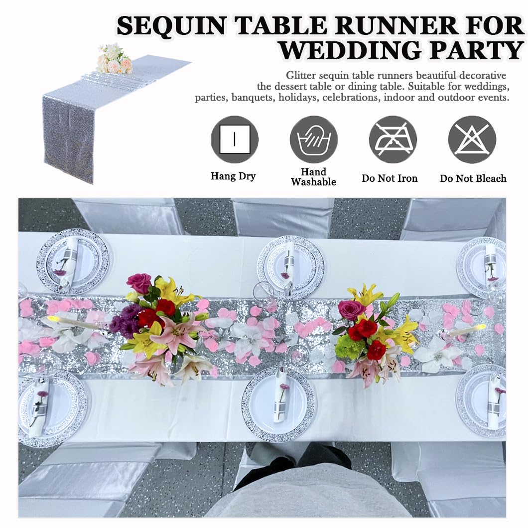 Silver Sequin Table Runners 12X108 Inches 5 Pack Christmas Table Runner Silver Table Runner See Through Wedding Table Runner Gli