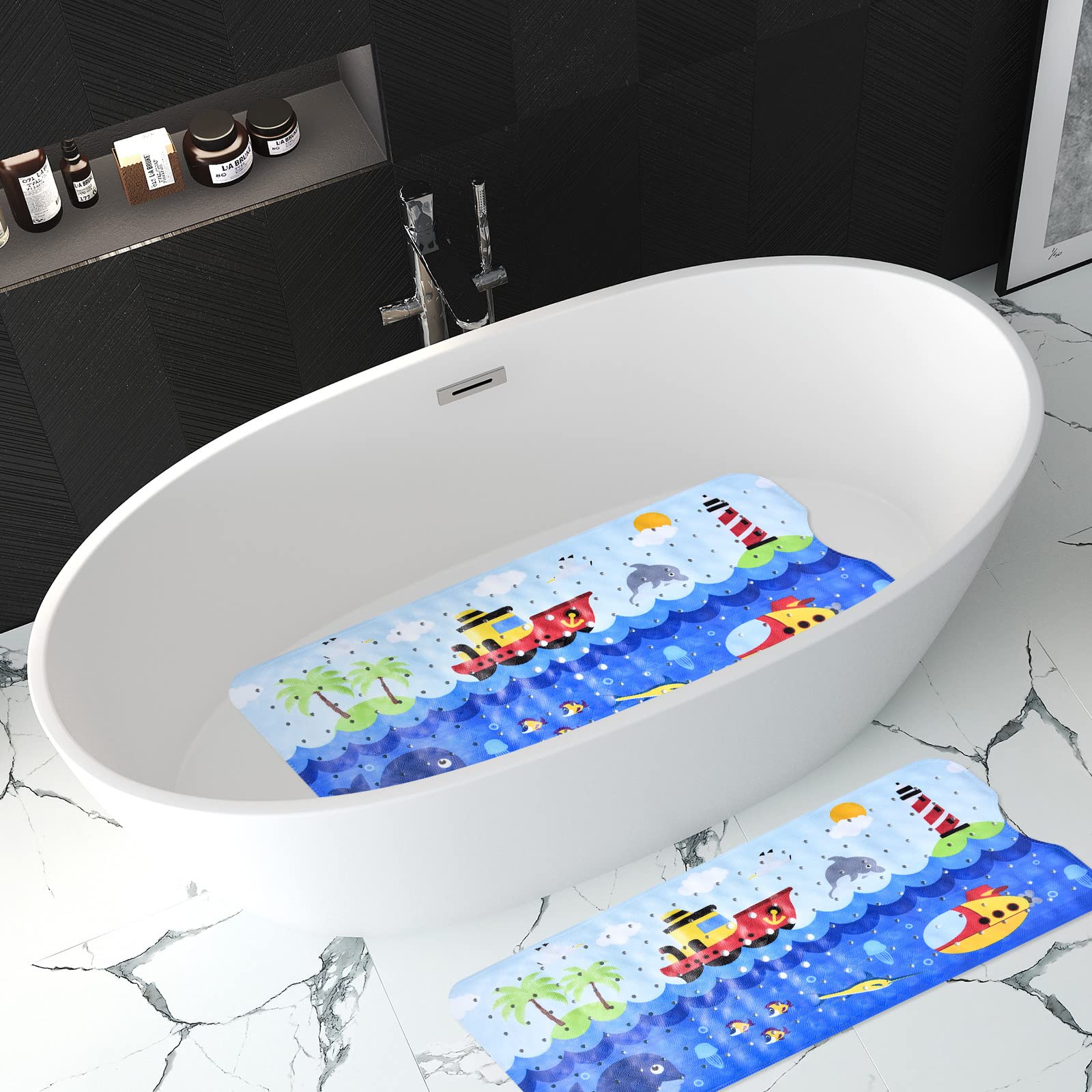 Tubozadi Bath Mat for Tub for Kids Non Slip Bathtub Mat for Baby Toddler Extra Long Bathroom Anti Slip Shower Mat with Suction Cups Drain Holes 40X16 Inch Ships