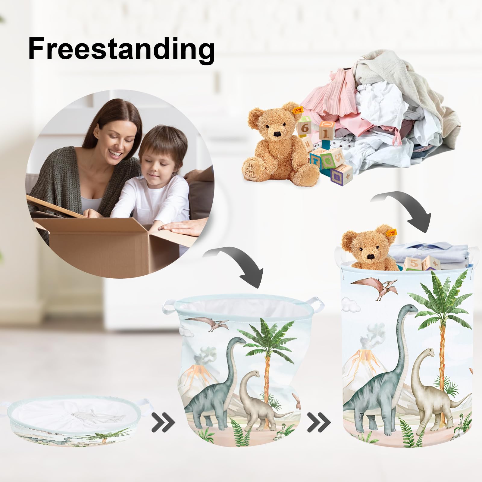 Clastyle Large Dinosaur Kid Storage Basket Baby Laundry Hamper Palm Tree Boy Gift Toy Box Collapsible Clothes Organizer Nursery