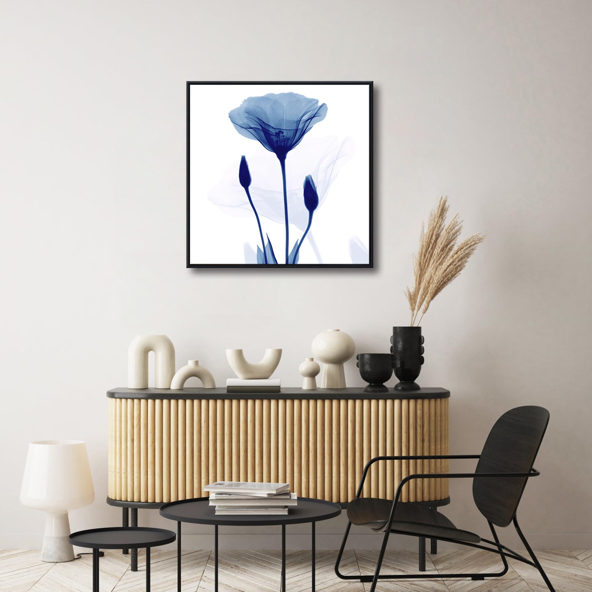 Pyradecor Large Black Framed Abstract Blue Flickering Flower Modern Paintings Canvas Wall Art Grace Floral Pictures On Canvas Pr