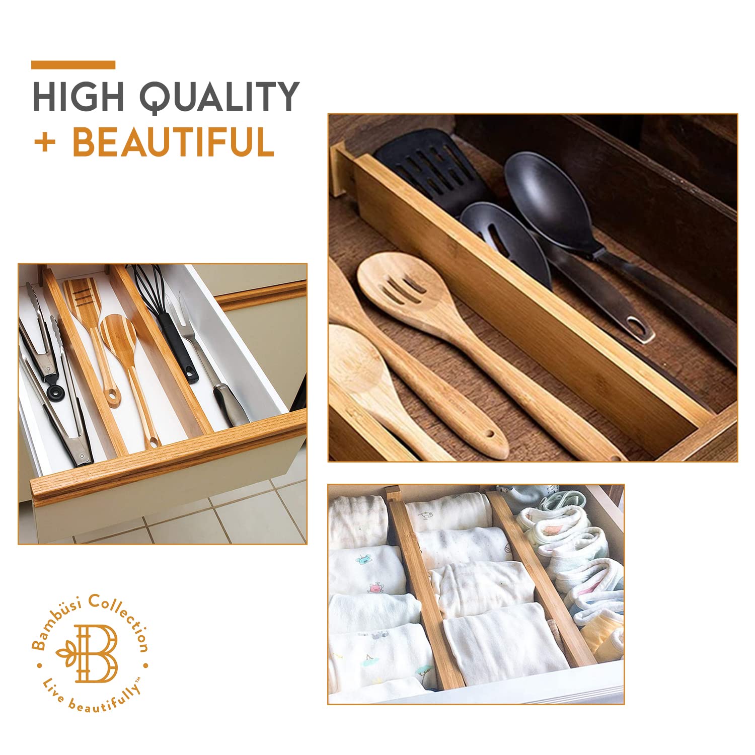 Large Kitchen Drawer Organizer - Expandable Bamboo Drawer Dividers (17.5'' - 22'') - Adjustable Separators for Kitchen, Clothes,