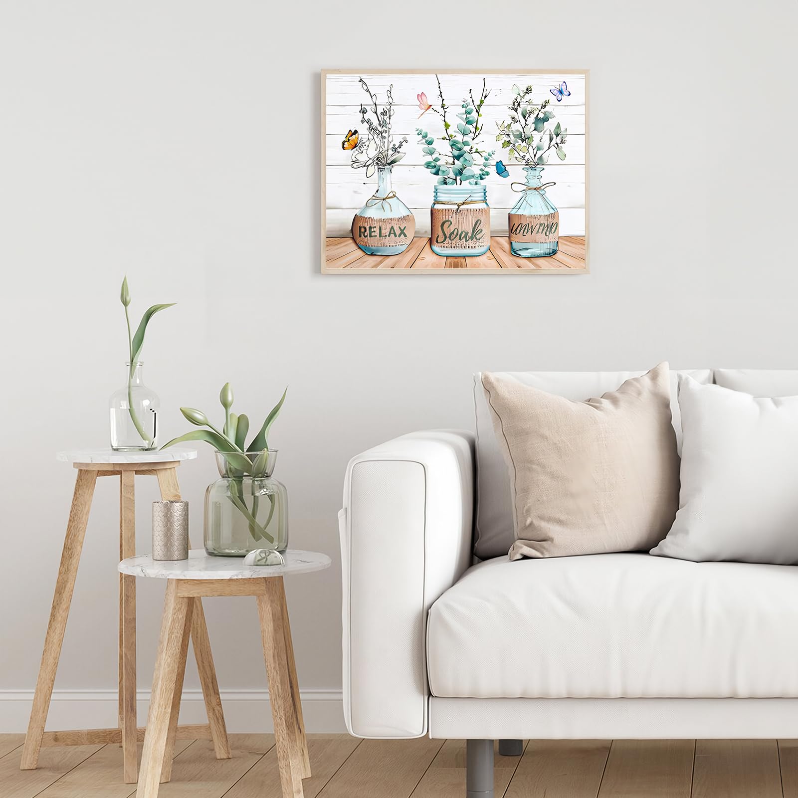 Dazzlewall Farmhouse Bathroom Wall Decor Poster Flower Green Leaf And Butterfly, Rustic Wall Poster For Bathroom Living Room Dec