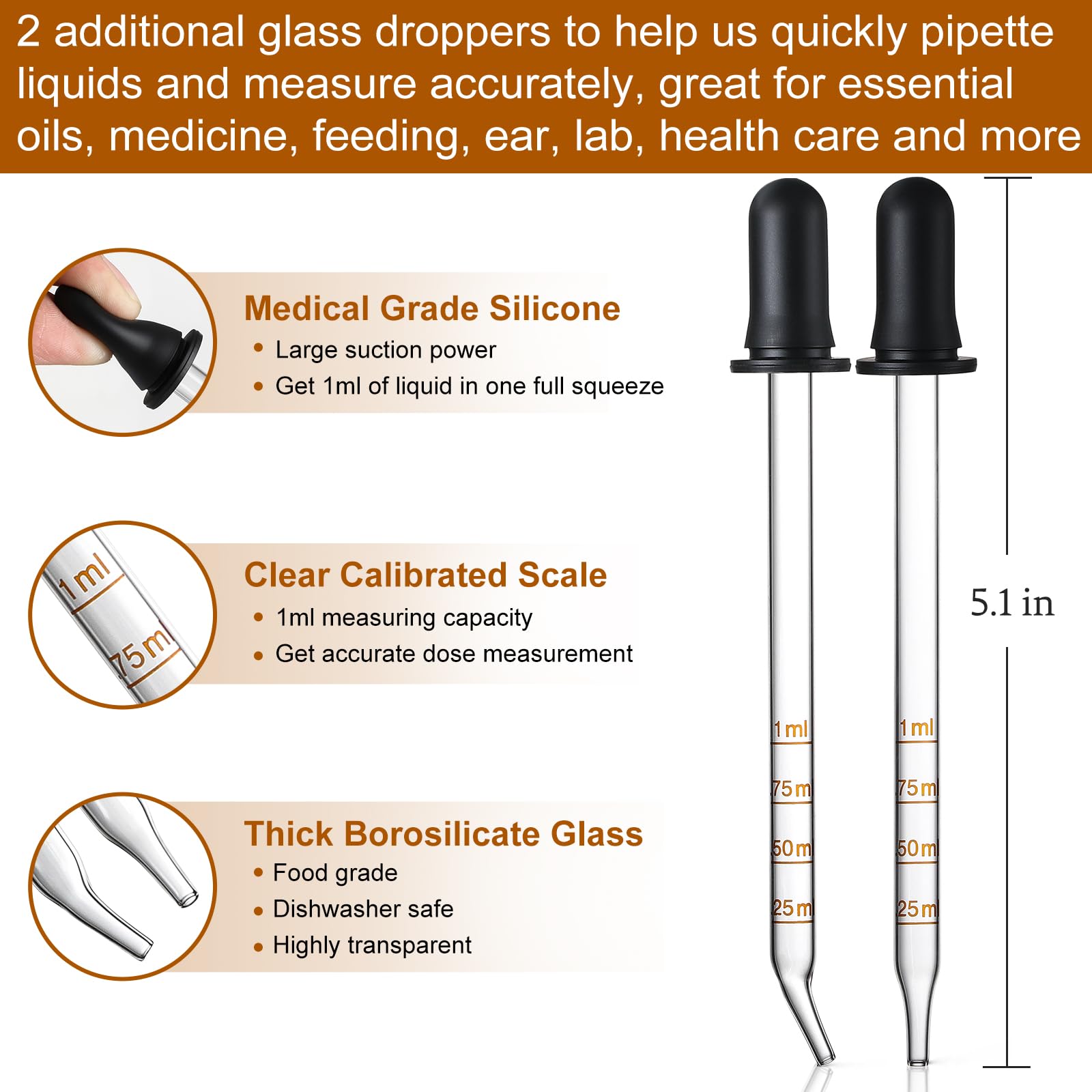 4 Pack, 4Oz Amber Glass Dropper Bottles Plus 2Pcs Graduated Calibrated Glass Pipettes (1Ml)- 120Ml Dark Brown Tincture Bottles W