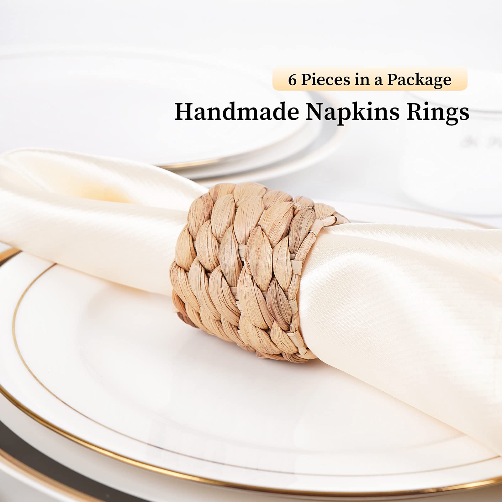 Woven Napkin Rings Set of 6  Farmhouse Napkin Rings Handmade by Natural Water Hyacinth  Fabric Napkin Rings for Thanksgiving  Party  Wedding  Supplies for Dinner Table Decoration