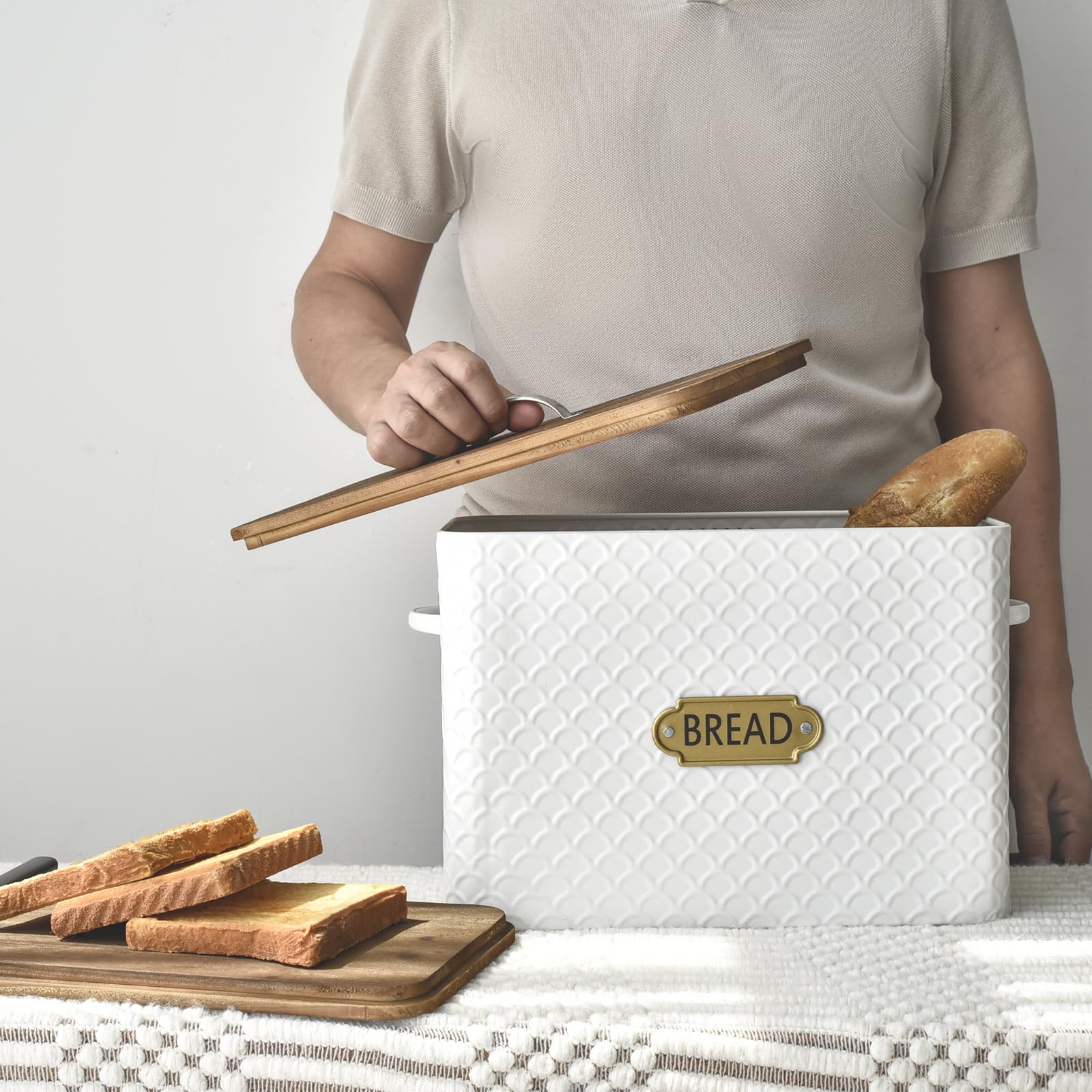Emax Home Extra Large Space Saving Farmhouse Bread Box With Wood Lid - Holds 2 Loaves - Vertical Breadbox Bread Storage Bin Hold