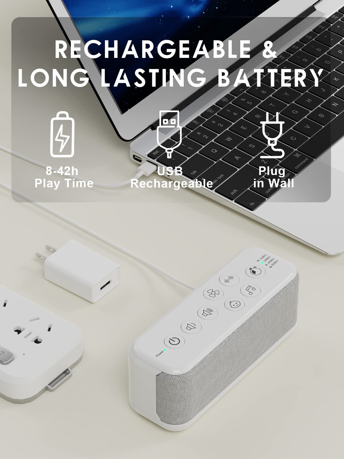 OnLyee Sound Machine for Adults  USB Rechargeable White Noise Machine for Office Privacy & Noise Canceling  42 Soothing Sound with Lullabies & Fan Sounds  Auto-Off Timer & 8-Level Volume Control