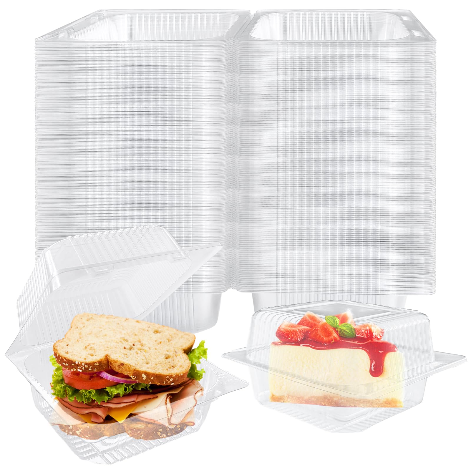 Jizvxe 200 Pcs Clear Plastic Take out Containers Disposable Fancy Hinged Top Square Clamshell Food Boxes Cake Slice Containers Clamshell Takeout Tray with Clear Lids 5.3x4.7x2.8 Inch