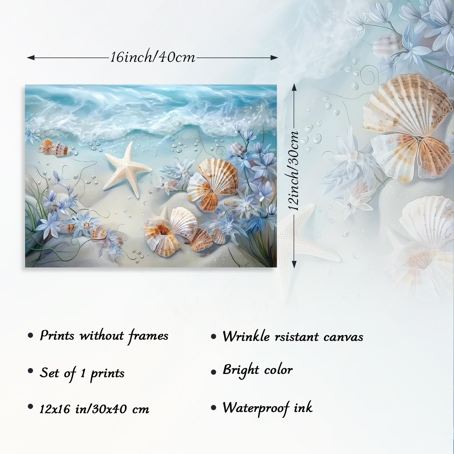 Ocean Waves Canvas Wall Art Sea Shells And Starfish Picture Coastal Beach Print Poster For Bathroom Bedroom Living Room 12X16 In