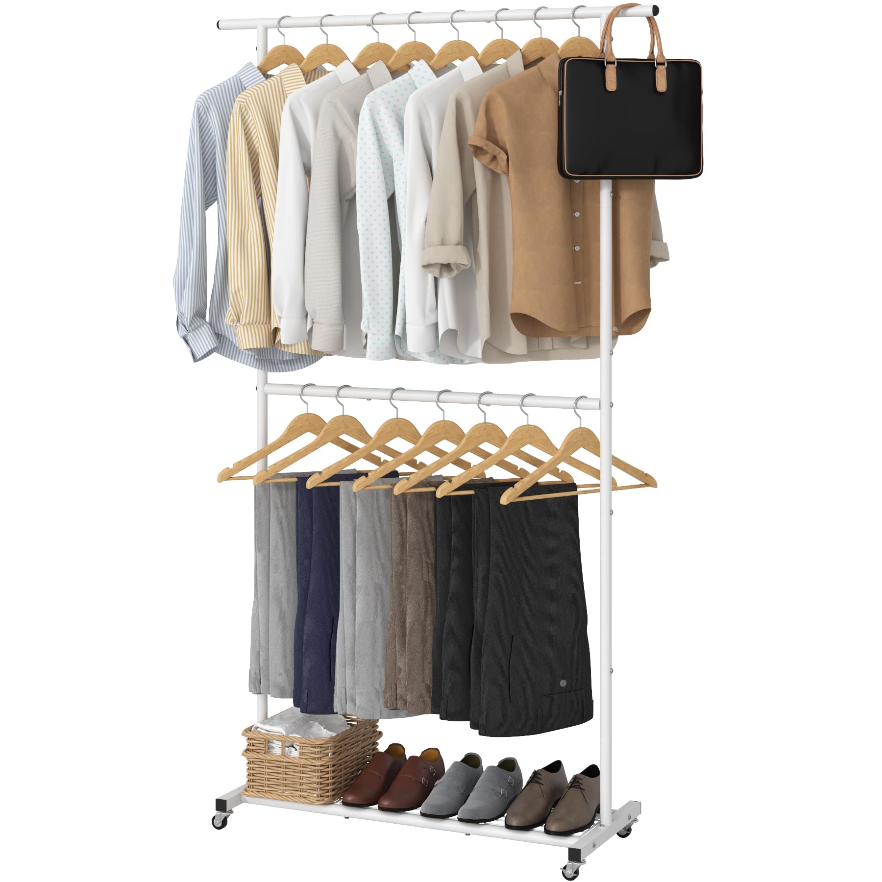 Sywhitta Double Rod Clothing Garment Rack  Rolling Coat Hanger with Bottom Mesh  Clothing Rack for Hanging Clothes  Coats  Skirts  Sweaters  White