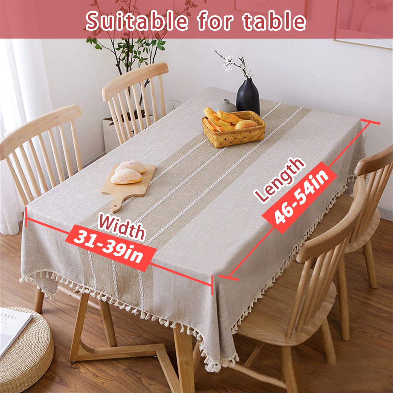 Vonabem Table Cloth Tassel Cotton Linen Table Cover For Kitchen Dinning Wrinkle Free Table Cloths Rectangle/Oblong (58''X70'', 4