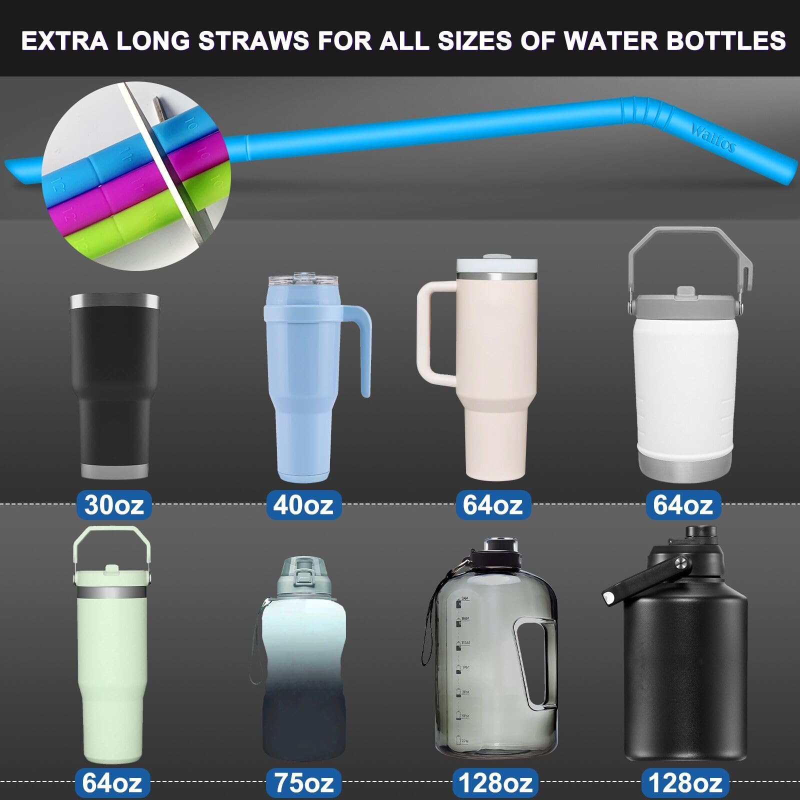 Walfos 14.5 Inch Extra Long Reusable Silicone Straws, Big Sizes Flexible Bendable Straws For 1/Half Gallon Large Water Bottles,