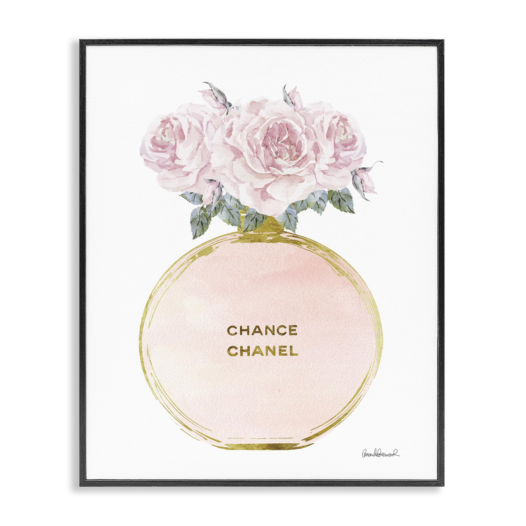 Stupell Industries Pink and Gold Round Perfume Bottle with Roses, Framed Giclee Art, Black, 24 x 30 Inches, Easy to Hang and S