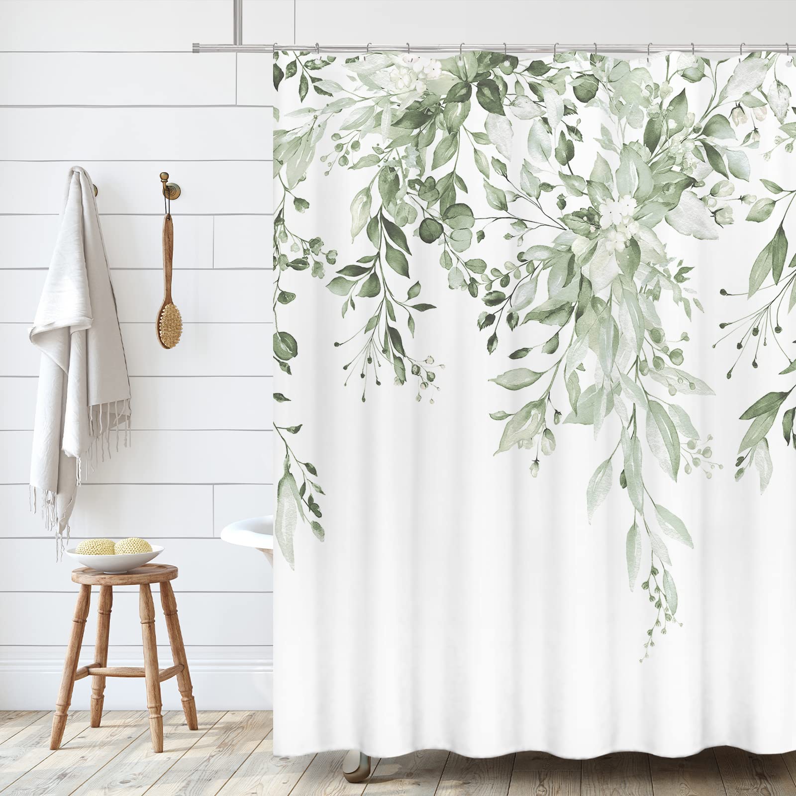 Tititex Lime Light Green Eucalyptus Shower Curtain Sets, Watercolor Leaves On The Top Plant With Floral Bathroom Decoration 60X7