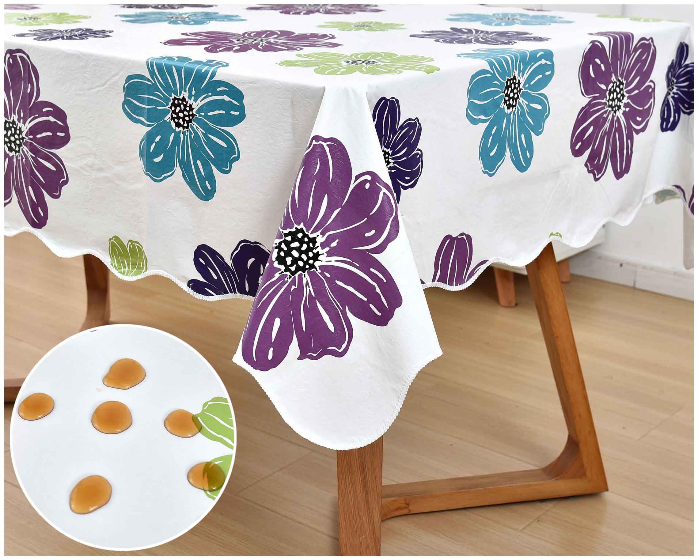 Summer Floral Tablecloth 54X72 Inch, Purple Flower Table Cloth, Rectangle Tablecloth Plastic, Vinyl Flannel Backed Tablecloth, W