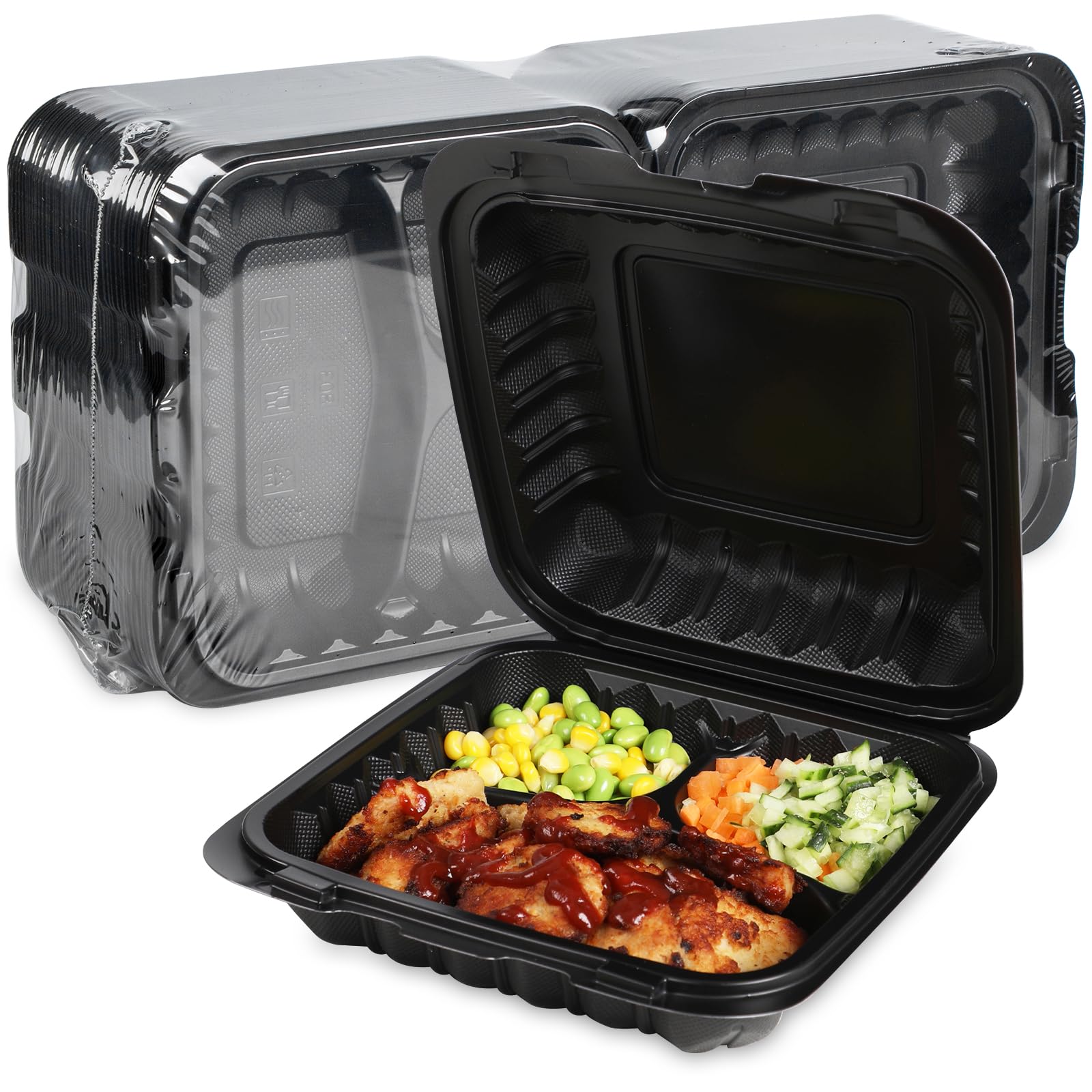 Freshpak Clamshell Food Containers, 55-Pack Plastic Black To Go Containers With Lids For Lunch 34 Oz Reusable Bpa Free 3-Compart