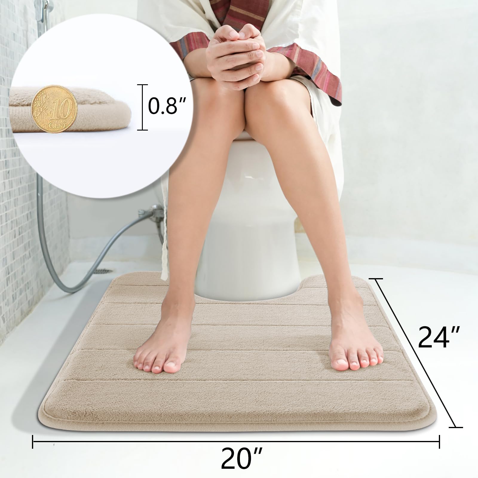 Yimobra Memory Foam Toilet Bath Mat U-Shaped  Soft and Comfortable  Super Water Absorption  Non-Slip  Thick  Machine Wash and Easier to Dry for Bathroom Commode Contour Rug  24 X 20 Inches  Beige