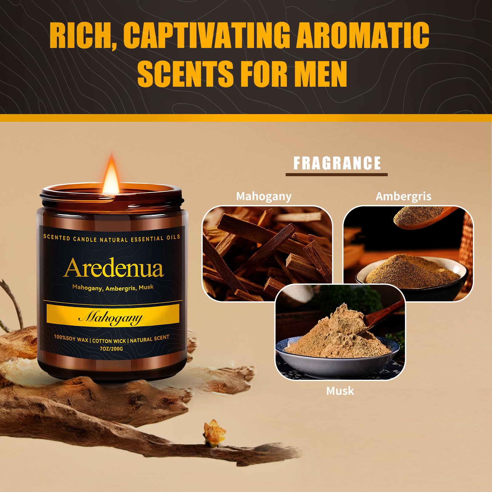 Mahogany Candle - Soy Candle with Rich Wood & Warm Aroma, Long Lasting Scented Candle for Home, Office, Lounge, Cozy Relaxation,