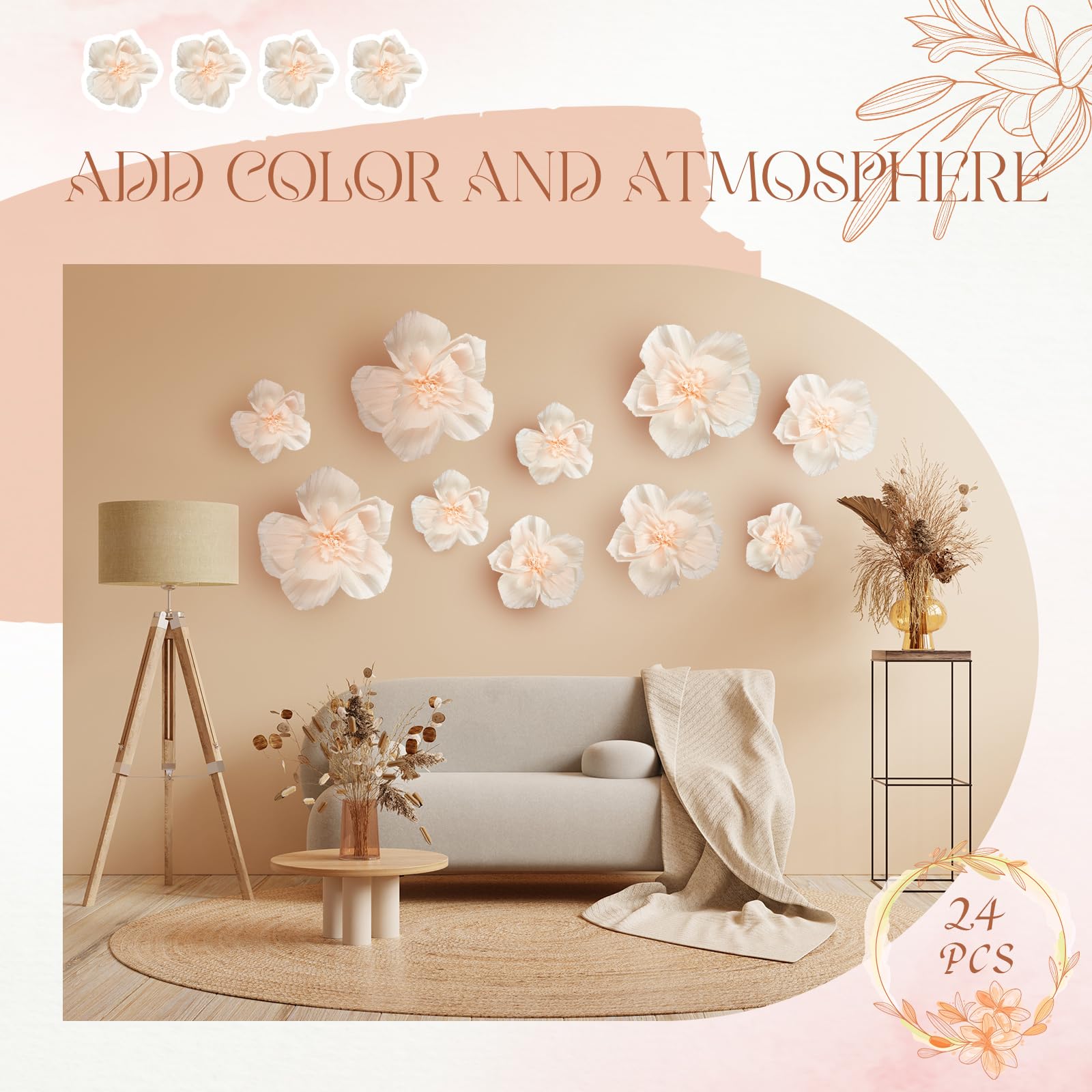 Cholemy 24 Pcs Tissue Paper Flowers, Crepe Paper Flowers Decorations For Wedding Party Baby Bridal Shower Nursery Wall Decor (Be