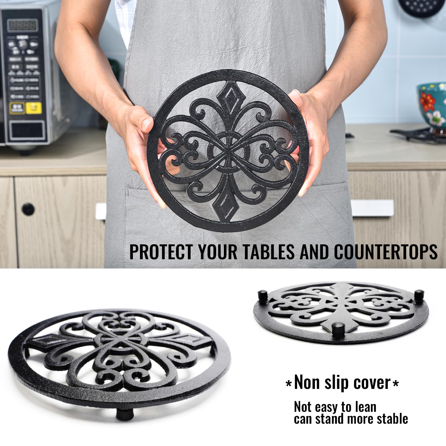 Sungmor Heavy Duty Cast Iron Round Metal Trivet,Rustproof Black Racks Stands Holders For Hot Pans Or Teapot,Kitchen Or Dinning T