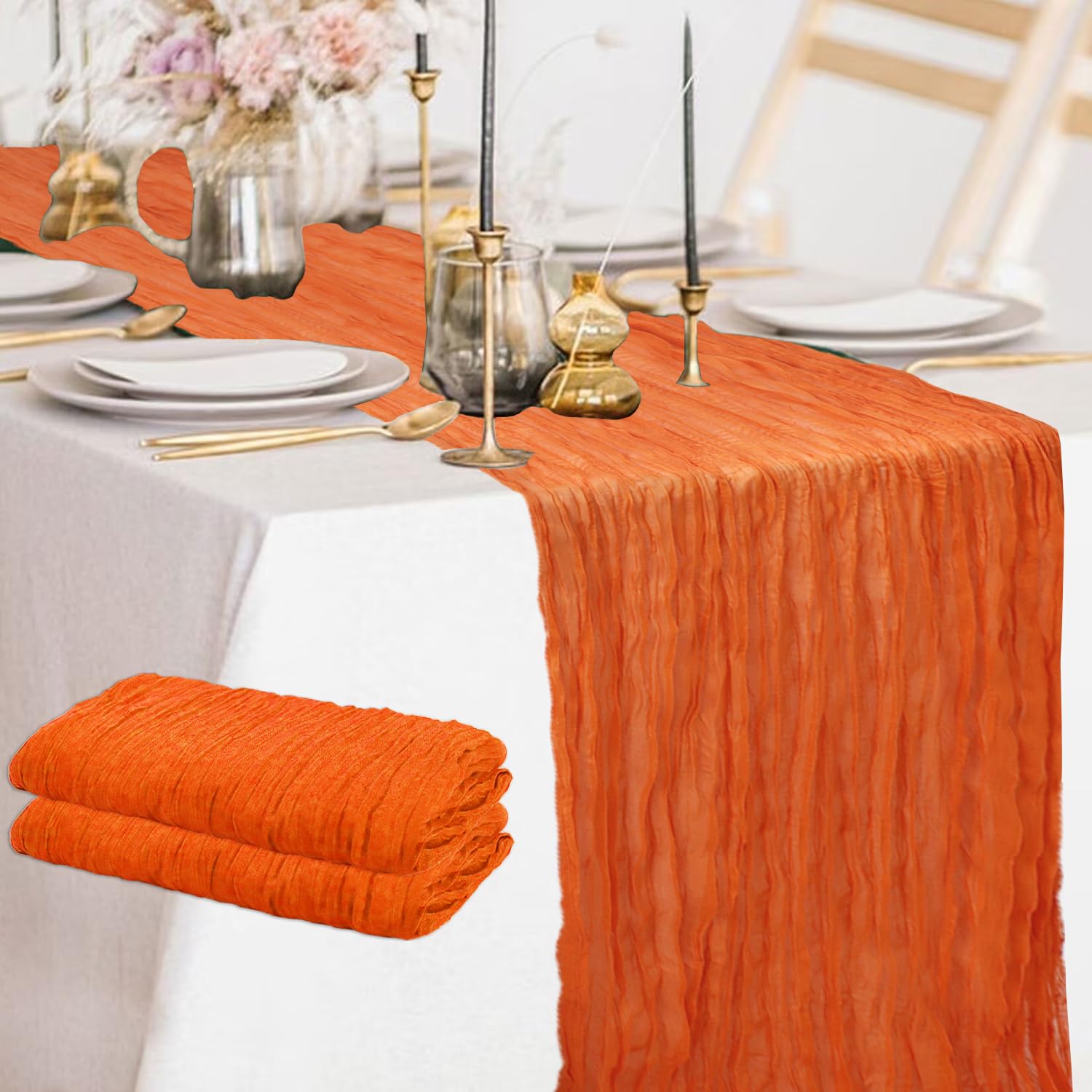 Fanproms Orange Cheesecloth Table Runner 2 Pcs 10Ft Halloween Gauze Table Runner For Fall Autumn Table Supply Vintage Cheese Clo
