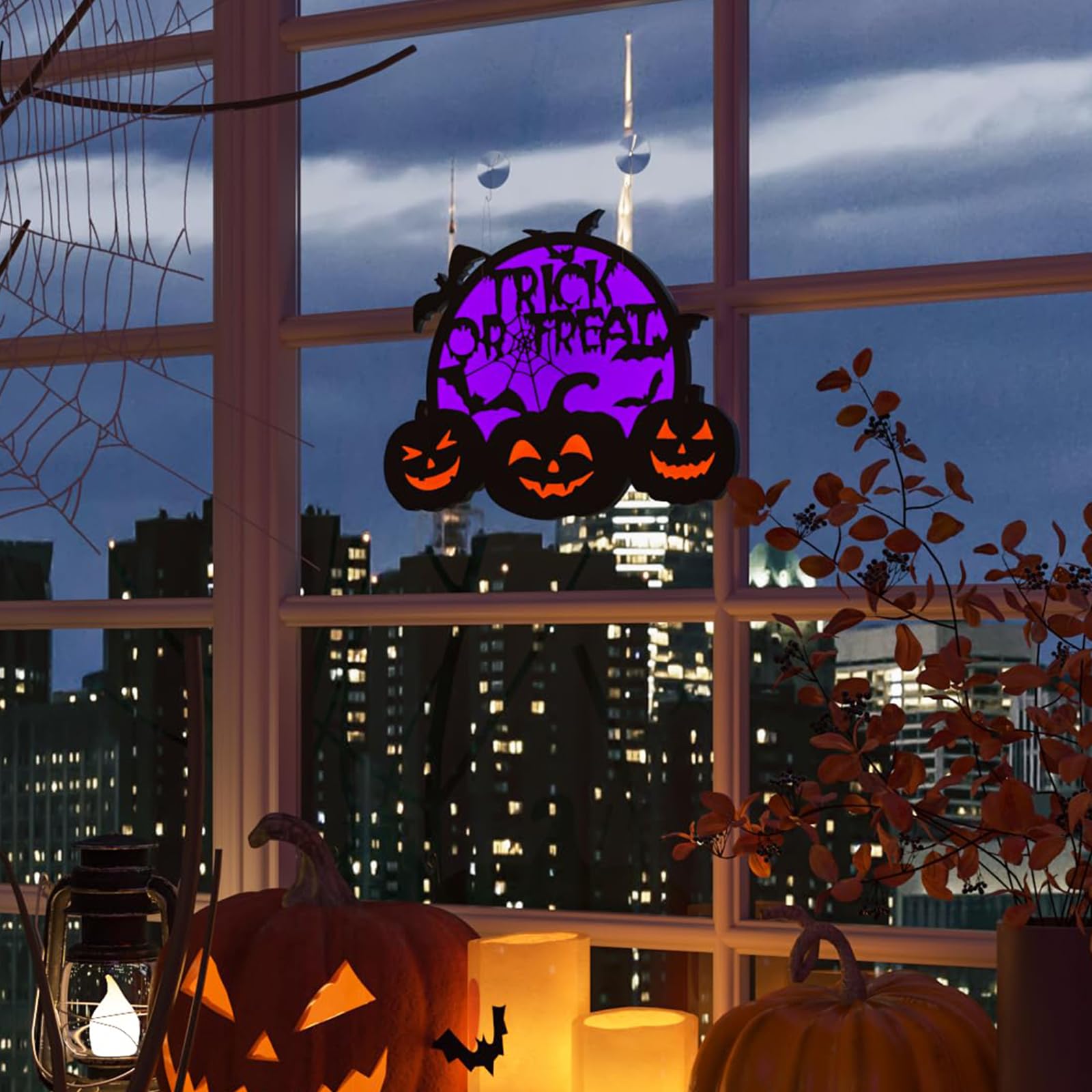 Halloween Pumpkin Lights, LED Connected Jack O Lantern With Light Up Purple Moons, Bat Spider Web & Trick or Treat Wording, USB