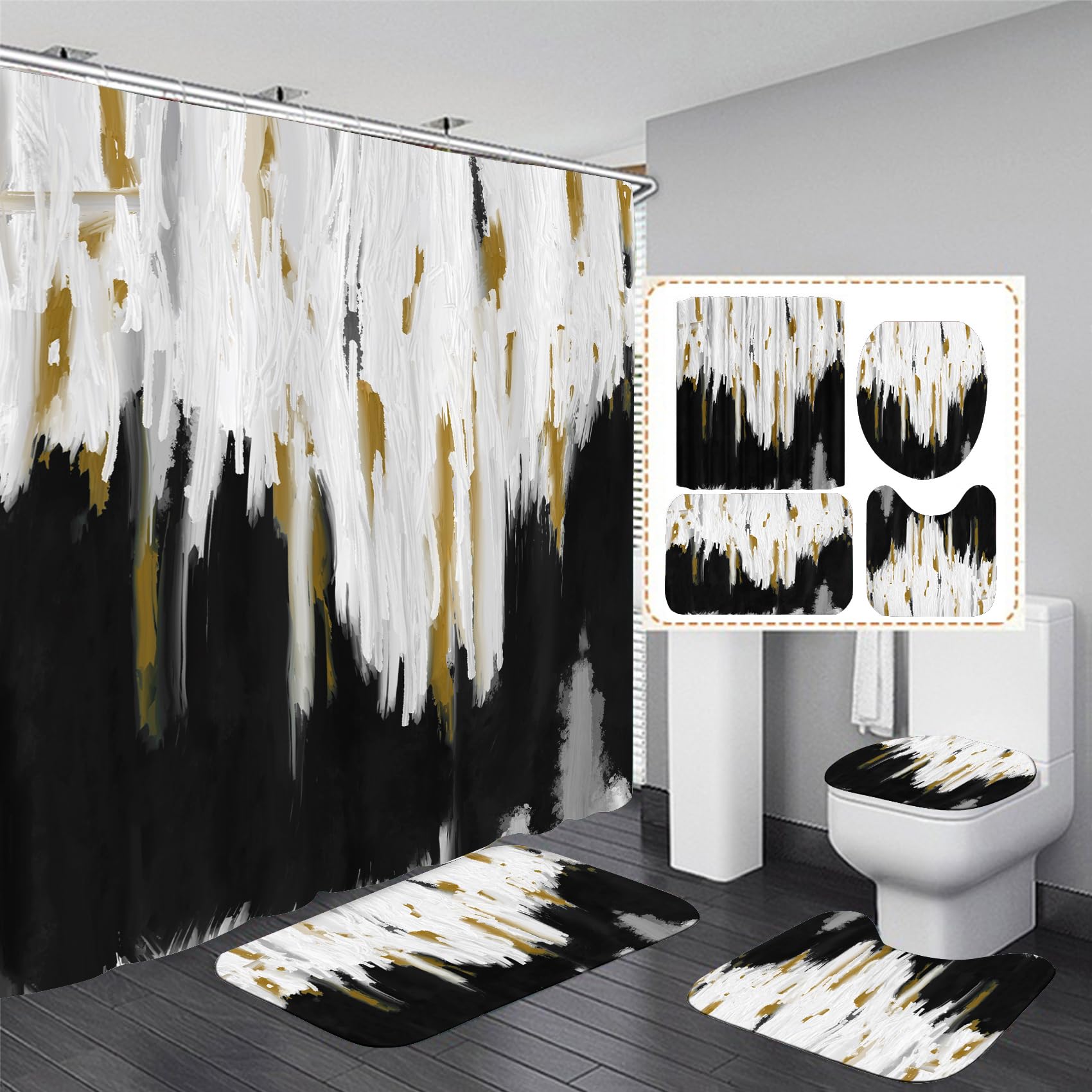 Apxpf 4 Pcs Black Bathroom Set Shower Curtain Set With Bathroom Mats Washable Bathroom Mat Set Shower Curtains For Bathroom Deco