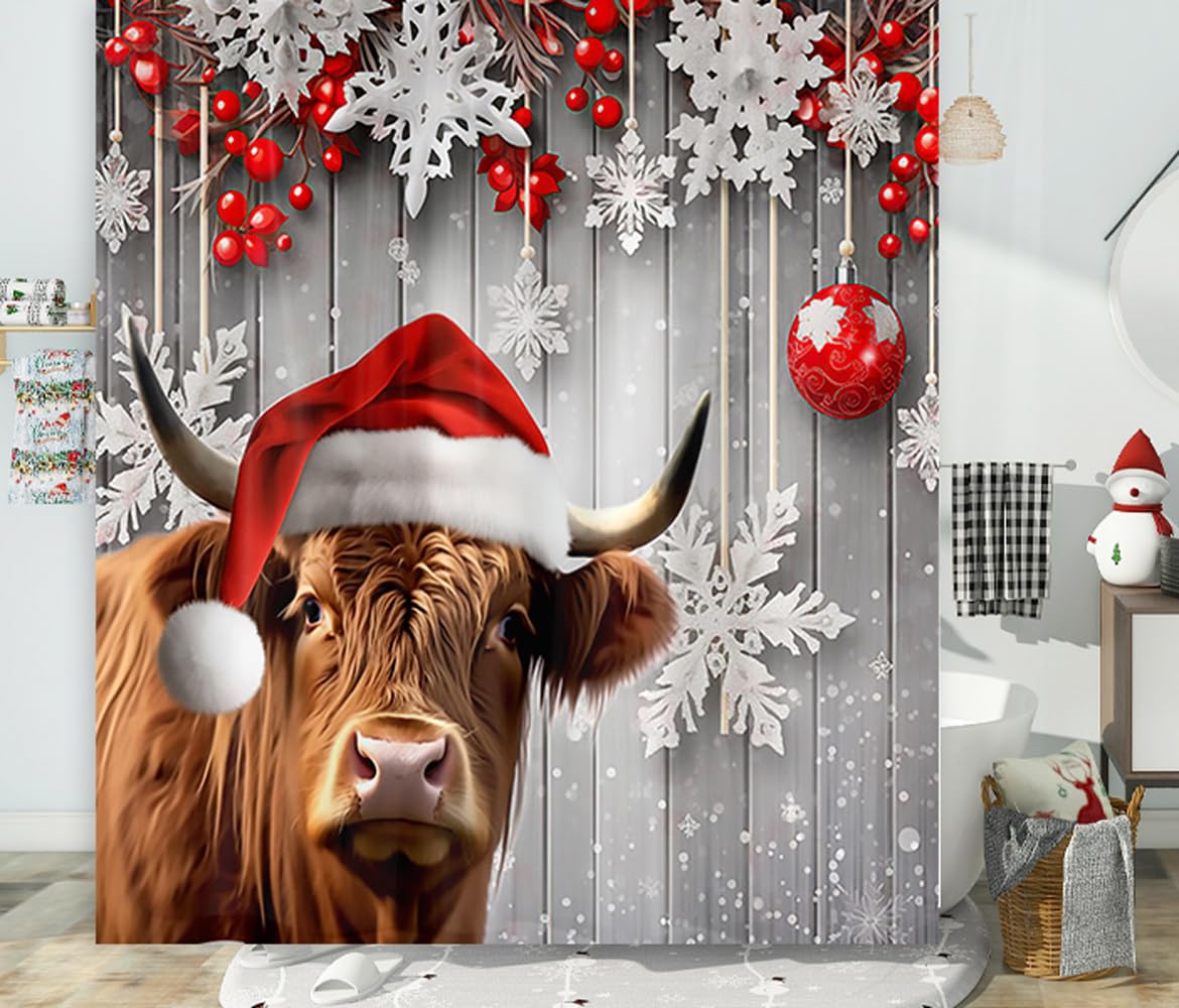 Highland Cow Christmas Shower Curtain, Funny Animals On Rustic Wooden Board Winter Farmhouse Snow Bathroom Bathtubs Decor, Polye