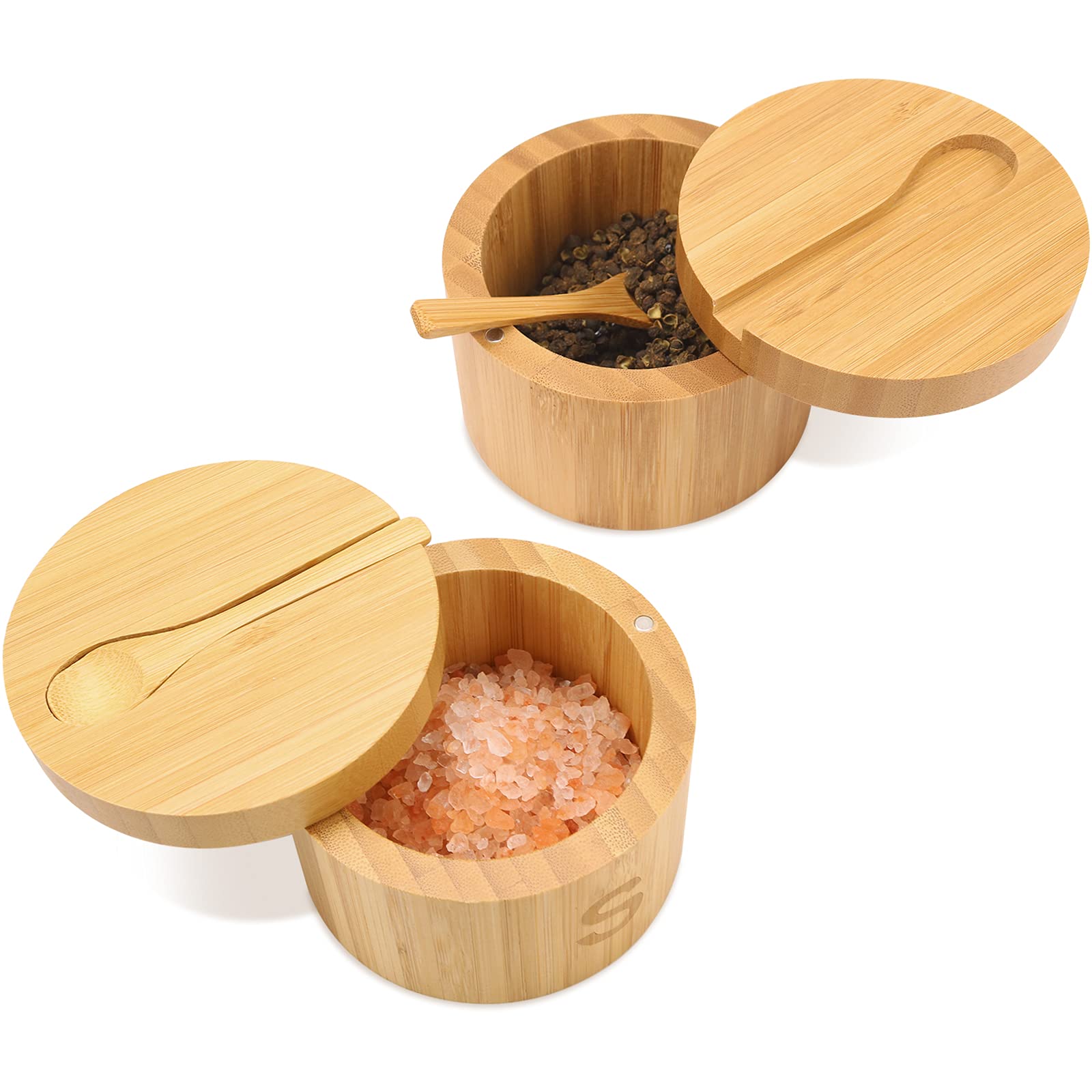 HTB Bamboo Salt Cellar Set with Spoon, Kitchen Spice Containers with Magnetic Swivel Lids, 2 Seasoning Containers Set Engraved w