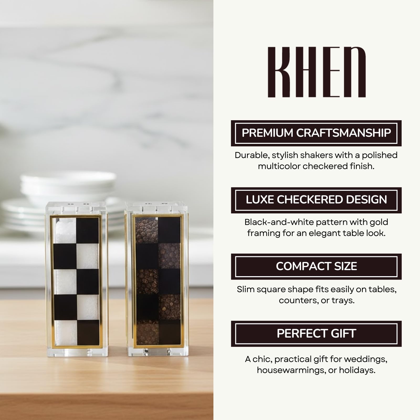 Checkered Salt and Pepper Shakers Set, Black White Square Design with 3 & 5 Holes