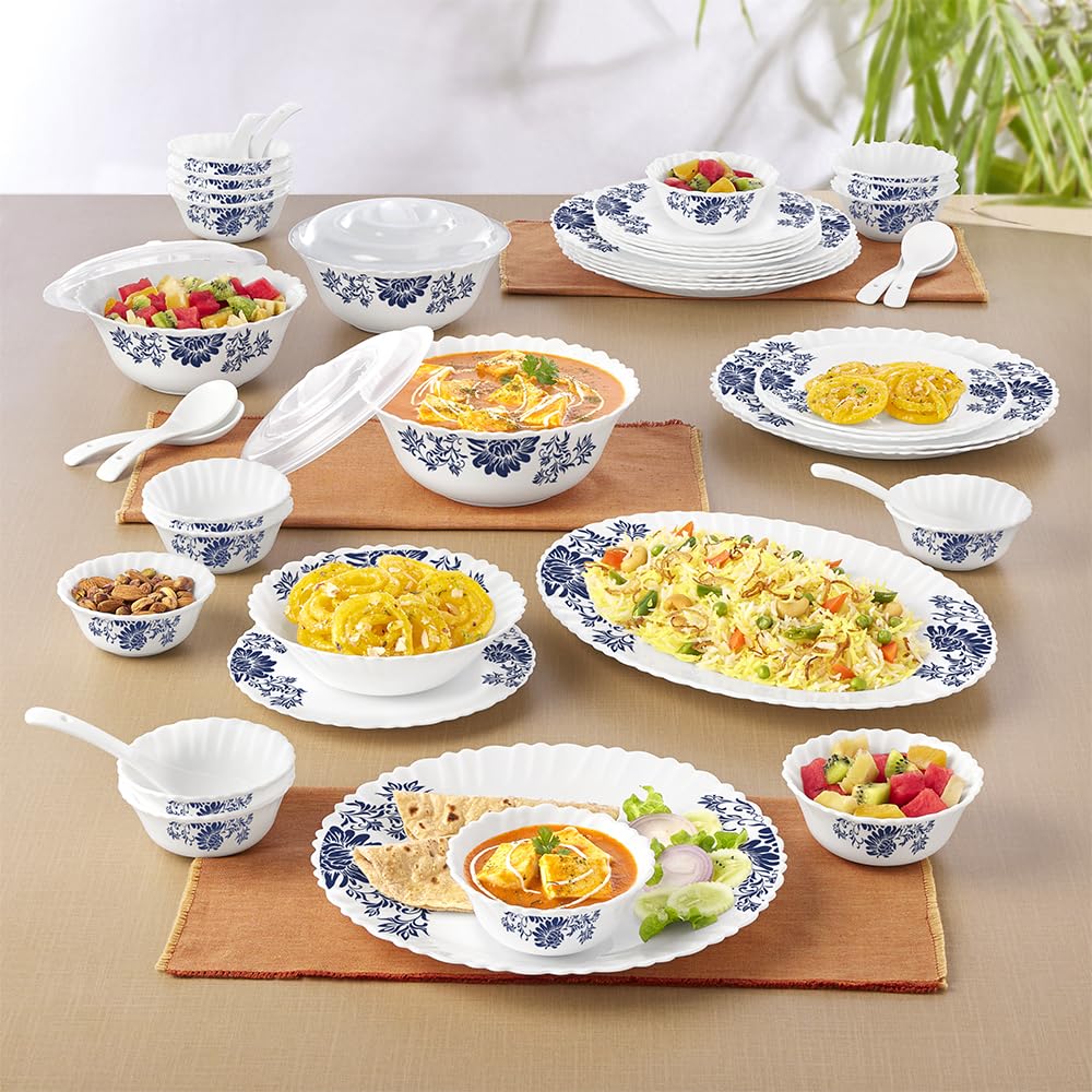 Larah By Borosil Leona Silk Series Opalware Dinner Set | 47 Pieces For Family Of 8 | Microwave & Dishwasher Safe | BoneAsh Free