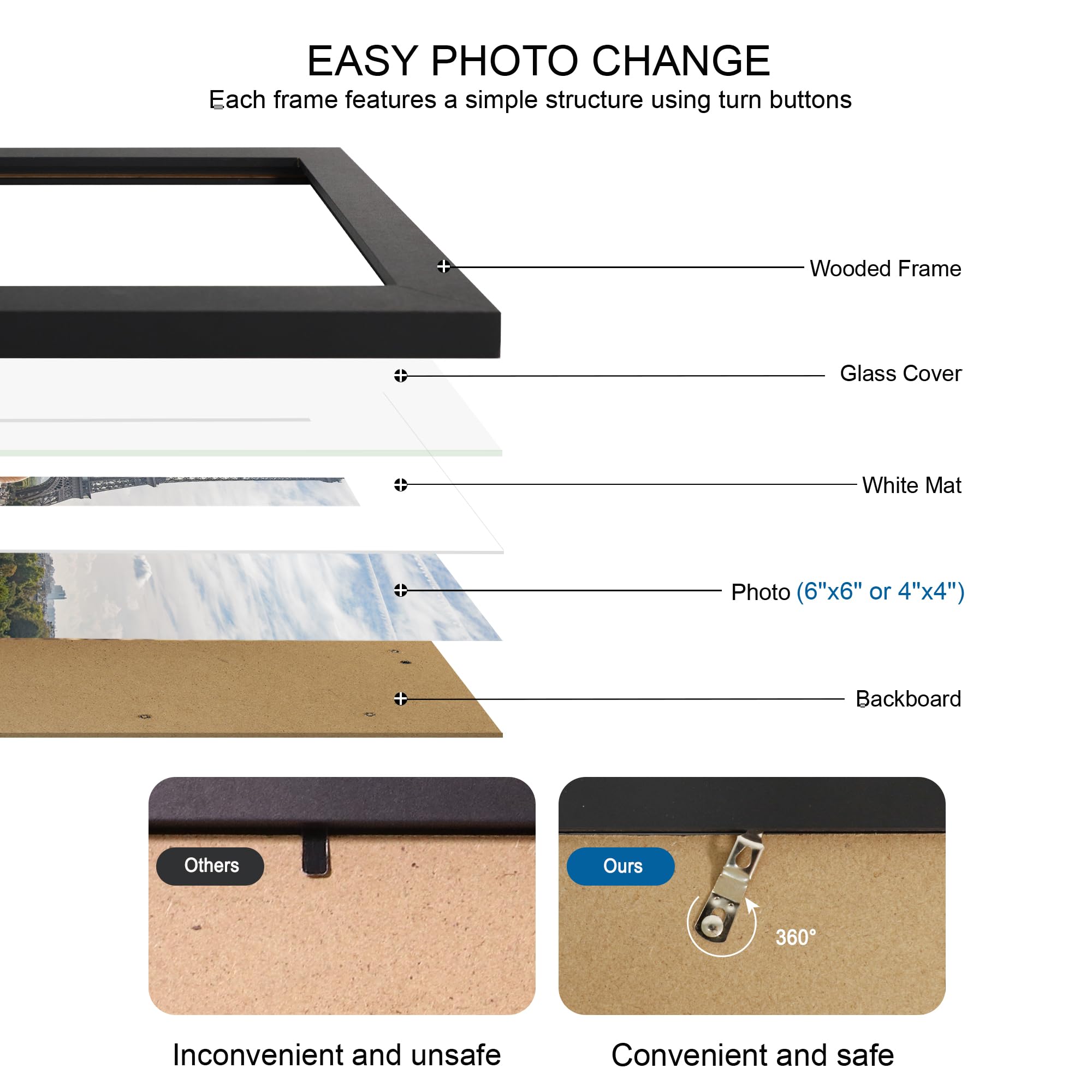 Hongkee 6x6 Picture Frame Set of 4, Made of Real Glass and Black Wooden Frame - Display Picture 4x4 with Mat or 6 x 6 Without Ma