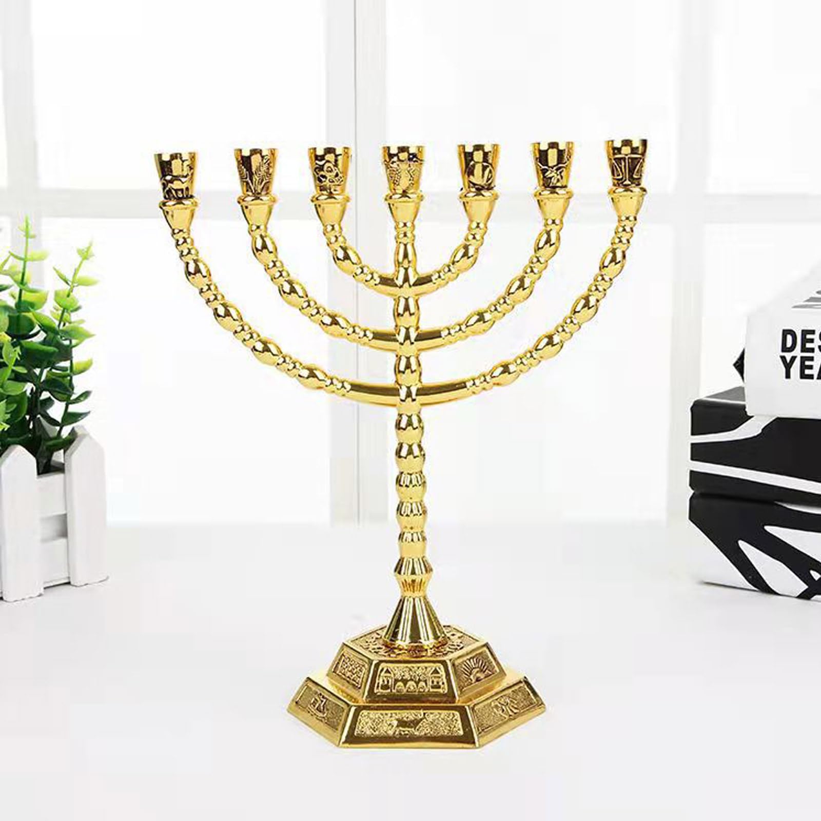 AIM & GGKK Jewish Candle Sticks Menorah 7 Branches - 12 Tribes of Israel Candle Holder for Hanukkah and Kwanzaa, Jerusalem Templ