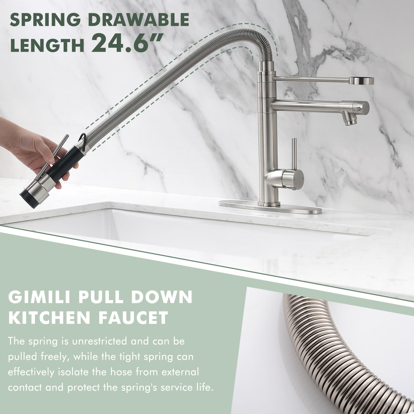 Gimili Kitchen Faucet With Pull Down Sprayer Commercial Kitchen Faucet Double-Headed Single Handle Spring Stainless Steel Brushe