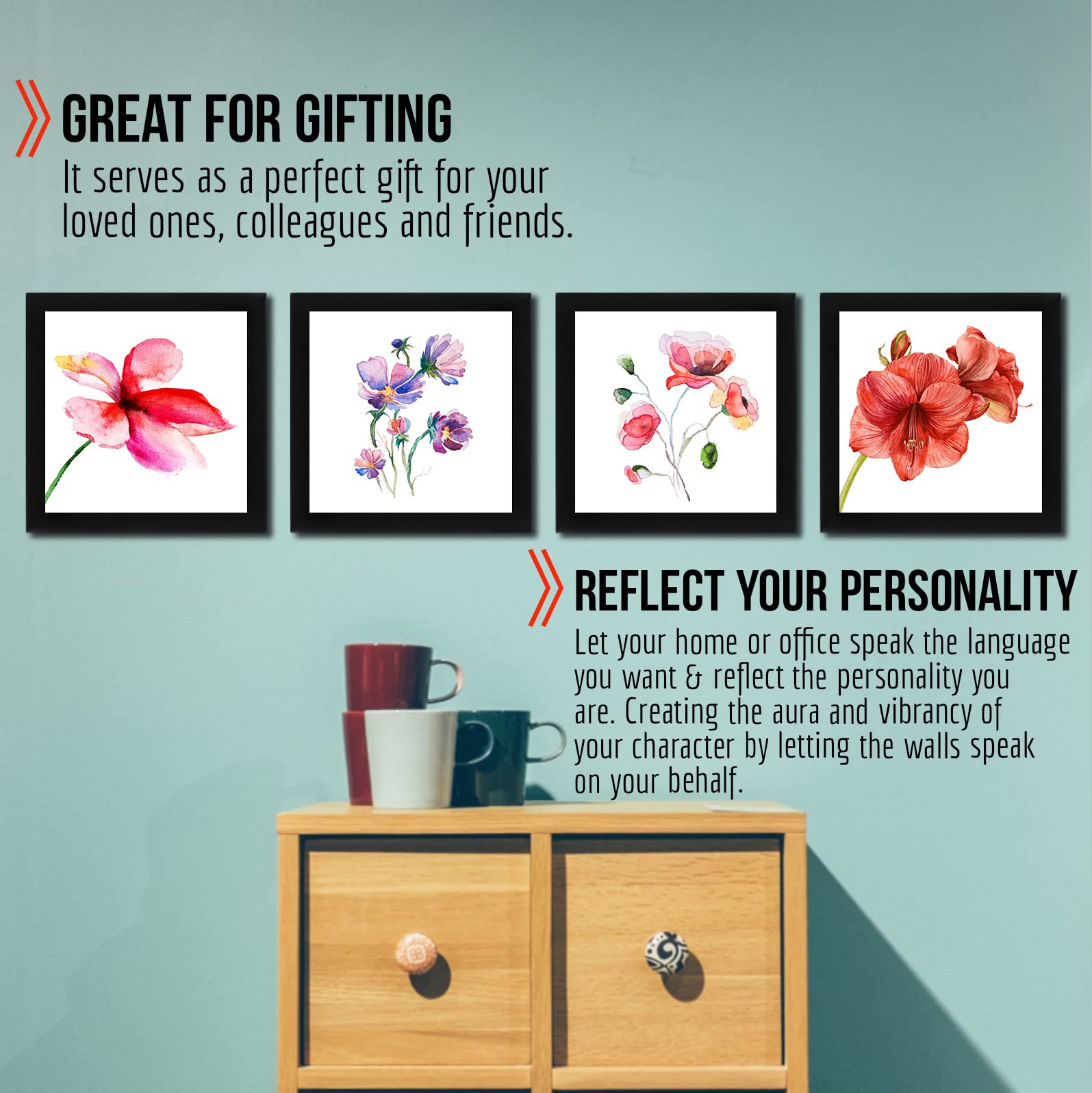 Interio Crafts Botanical Decor Flower Prints For Wall Decoration (Size: 8 X 8 Inches,Pack of 4)