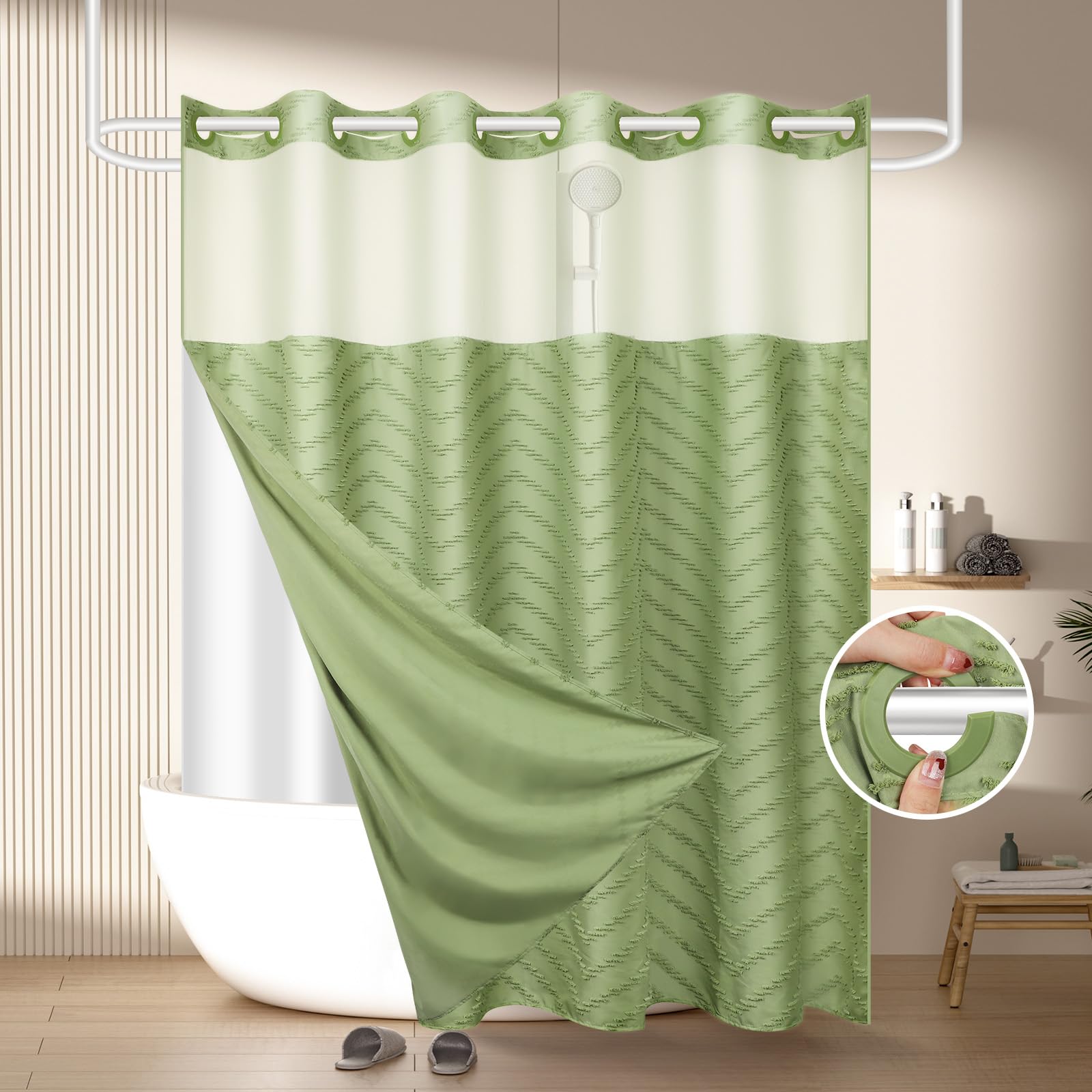 Fadoty No Hook Shower Curtain And Snap In Liner Set Sage Green Tufted Chevron Striped Cloth Waterproof Washable Fabric Boho Bath