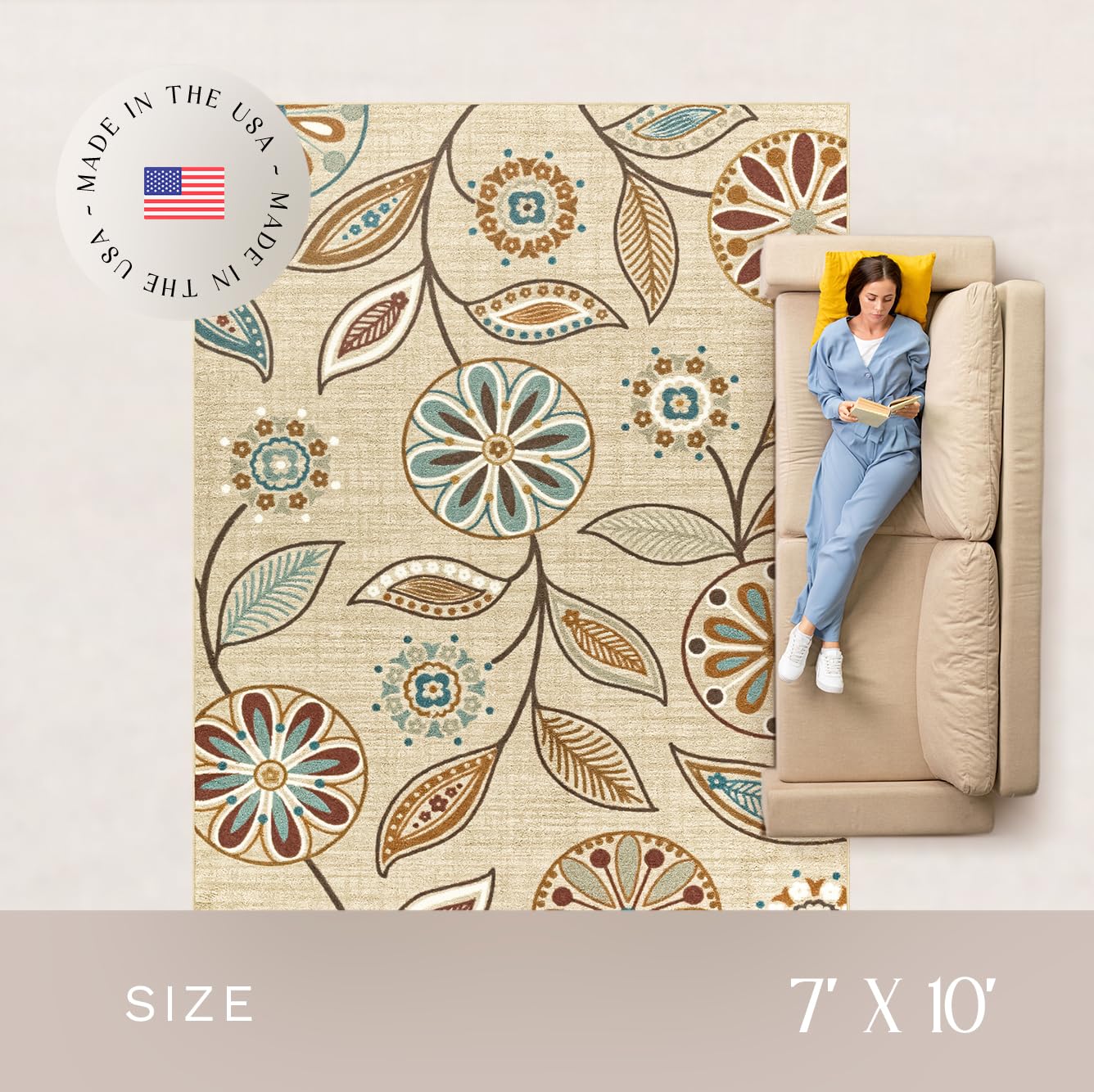 Maples Rugs Reggie Floral Area Rug - Made in USA - Low Pile, Non Slip, Pet-Friendly Mat for Living Room, Bedroom, and Office, 7