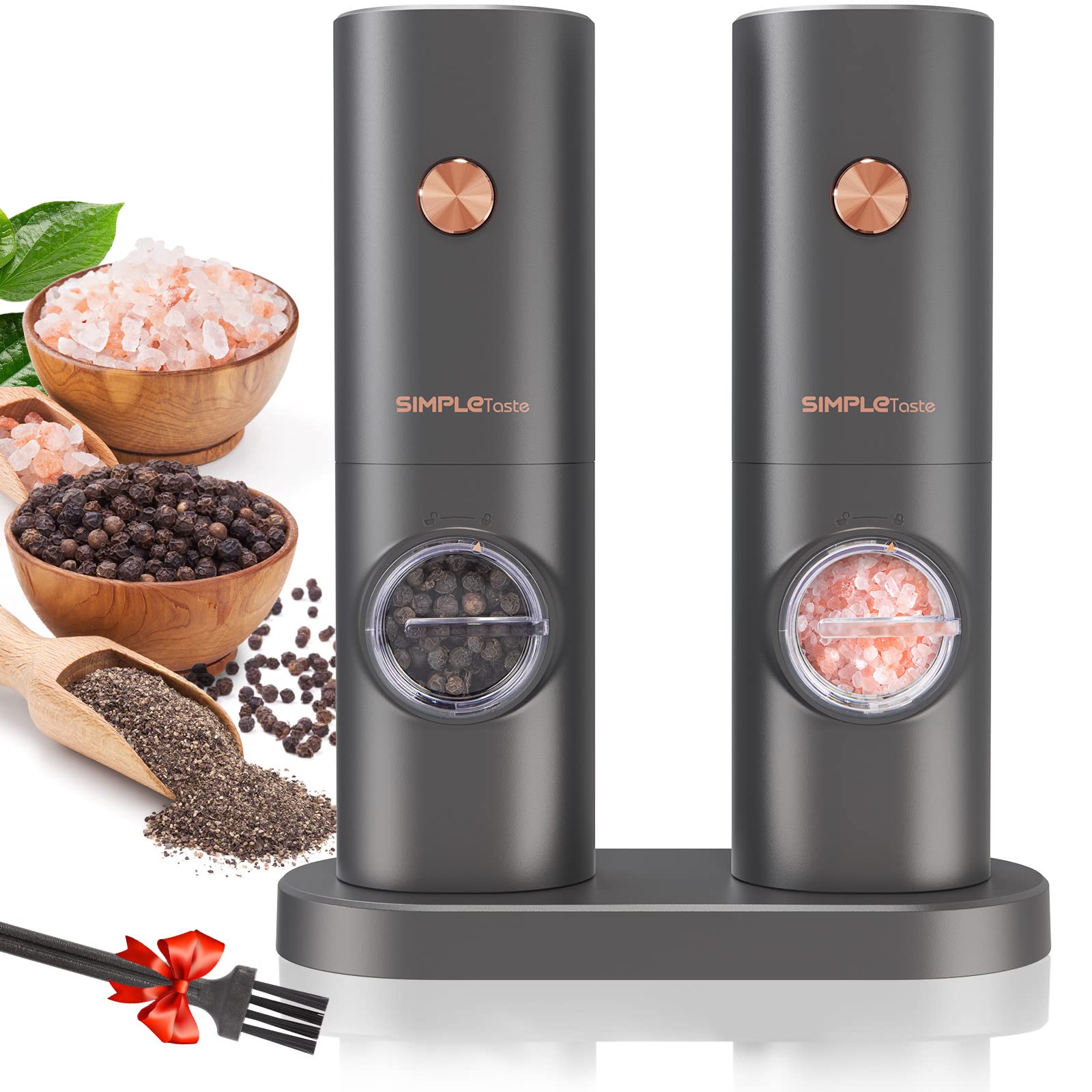 Simpletaste Electric Salt And Pepper Grinder Set, One-Handed, Battery Powered, Adjustable Coarseness, Led Light, Pepper Mills Wi
