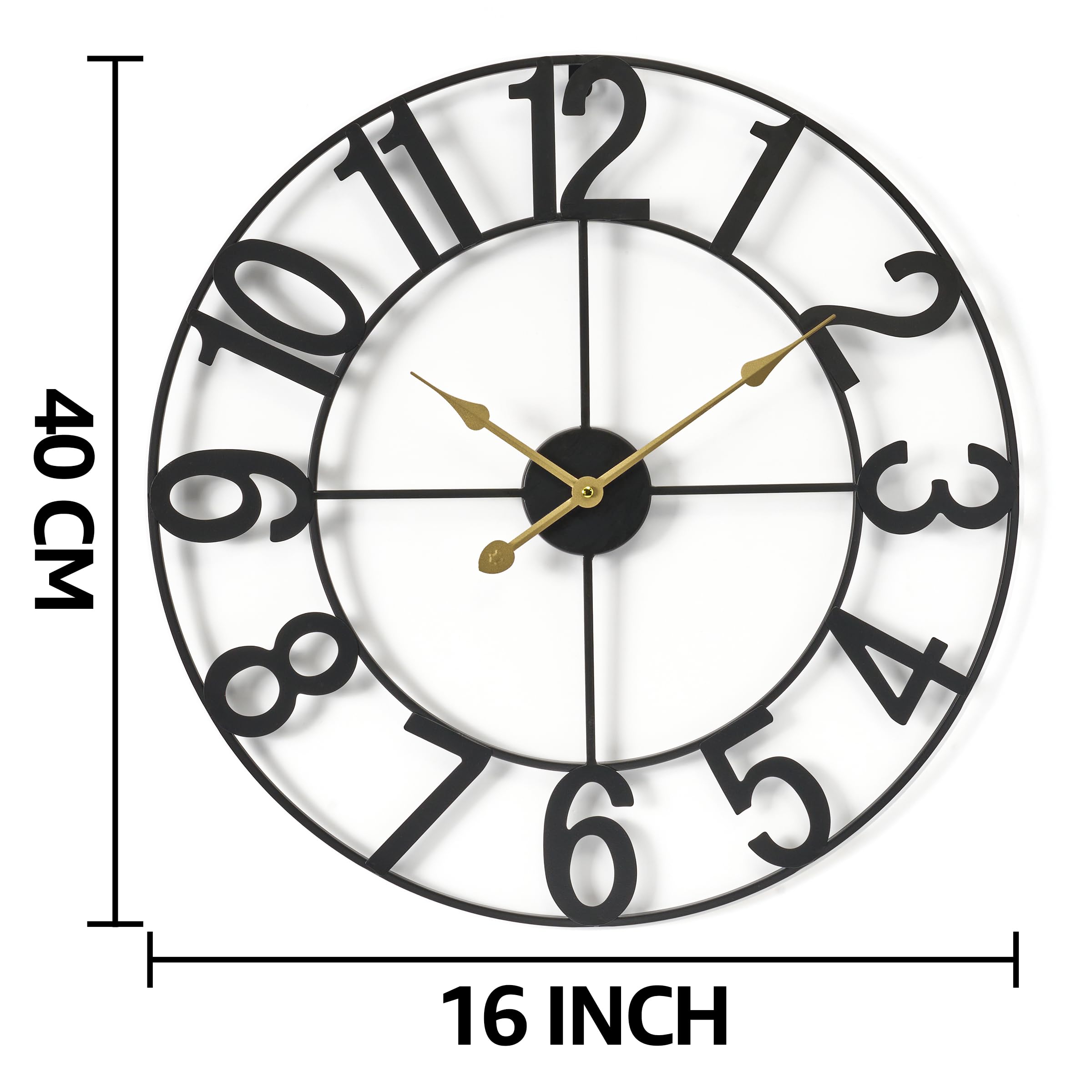 Sorbus 16-Inch Large Wall Clock - Decorative Black Metal Clock with Gold Hands - Silent, Battery Operated, Modern Wall Decor for