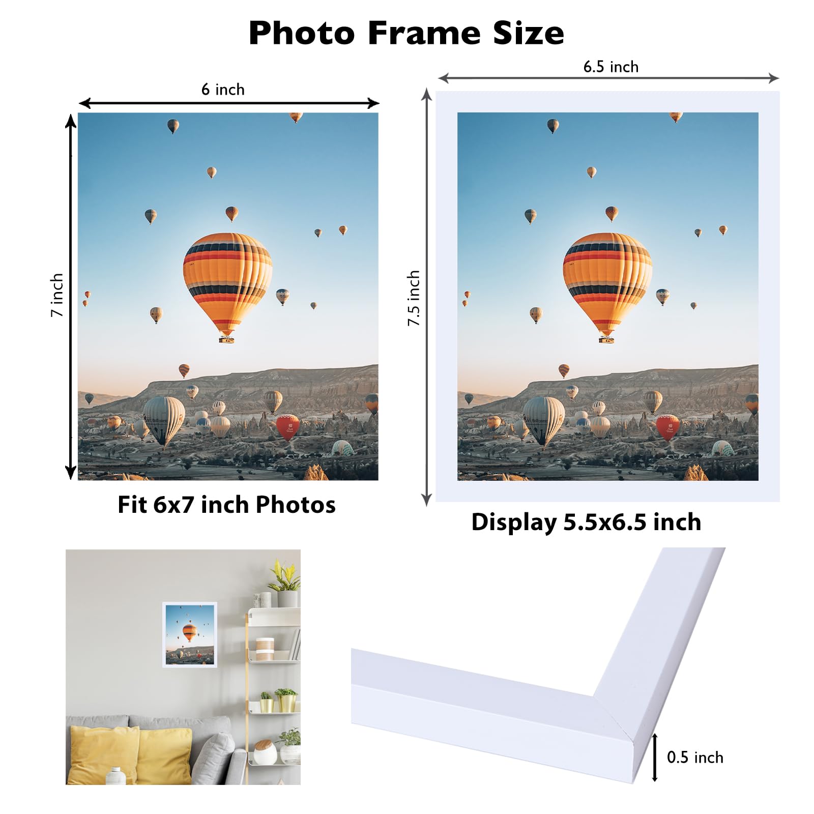 JCJMY 6x7 Picture Frame White for Wall Hanging or Tabletop, Wall Mounting Horizontally or Vertically, 6 x 7 Wall Gallery Poster