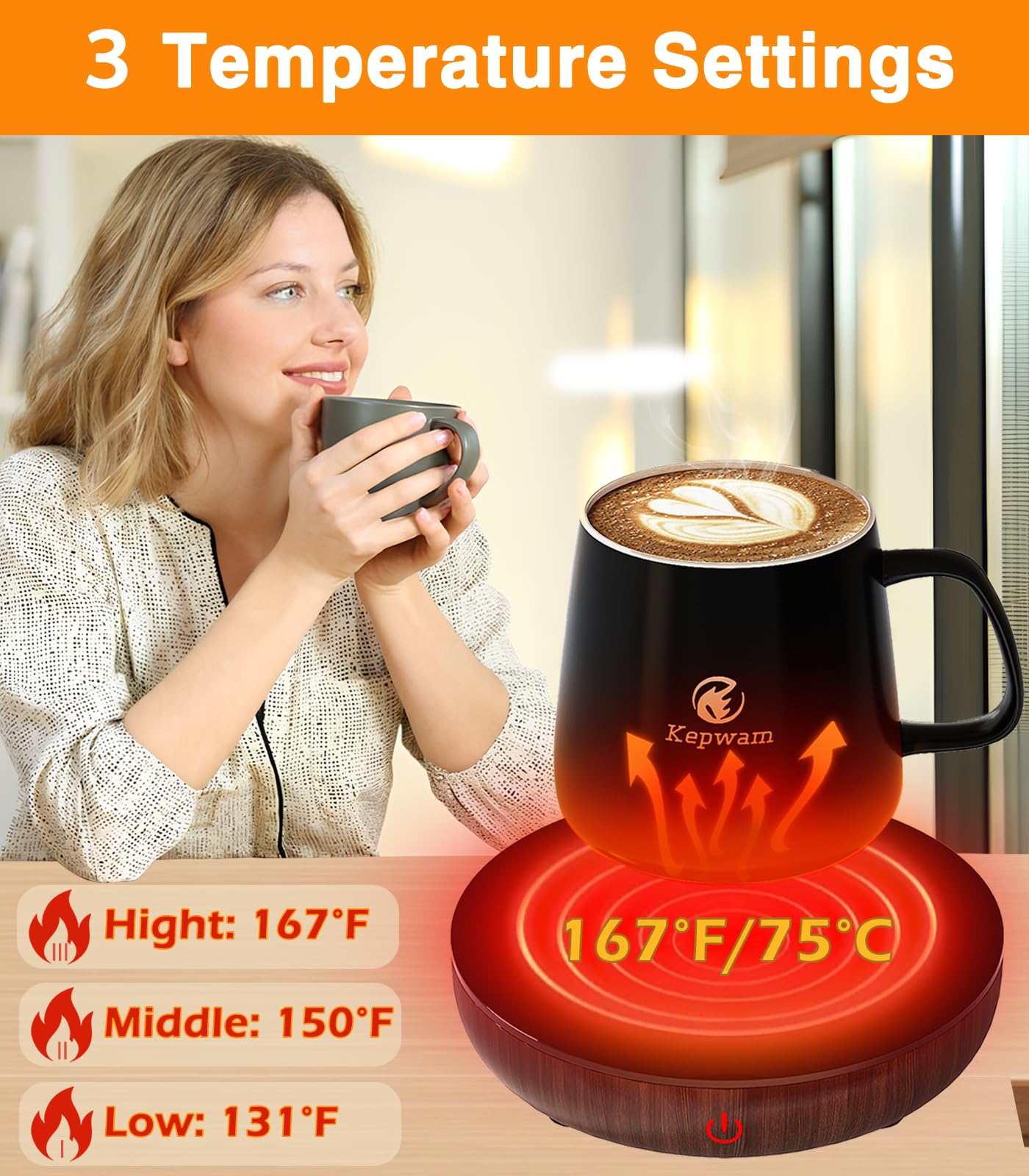 Kepwam Coffee Mug Warmer & Mug Set, Candle Warmer With Gravity Sensor, 3 Temp Settings Coffee Warmer For Desk 6H Auto Shut Off C
