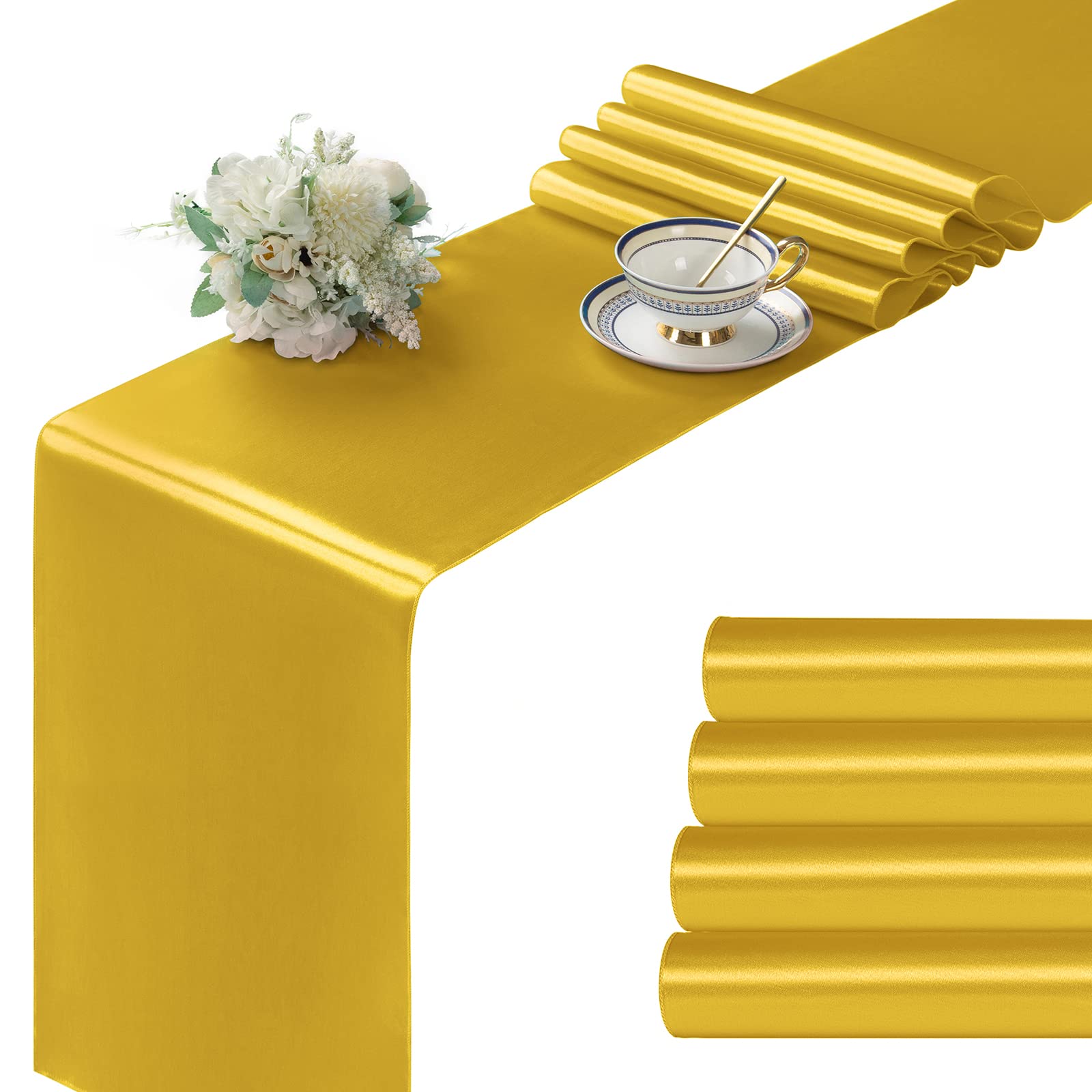 Manyshofu 4Pcs Satin Gold Runner - 12 X 72 Inch Long Size, Party Table Runner Decor Bright & Smooth Wedding Decorations Table Ru